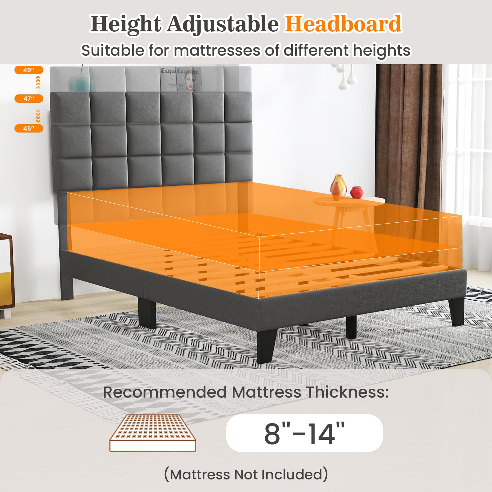 Linen Fabric Upholstered Bed Frame with Adjustable Headboard & Wooden Slat Support