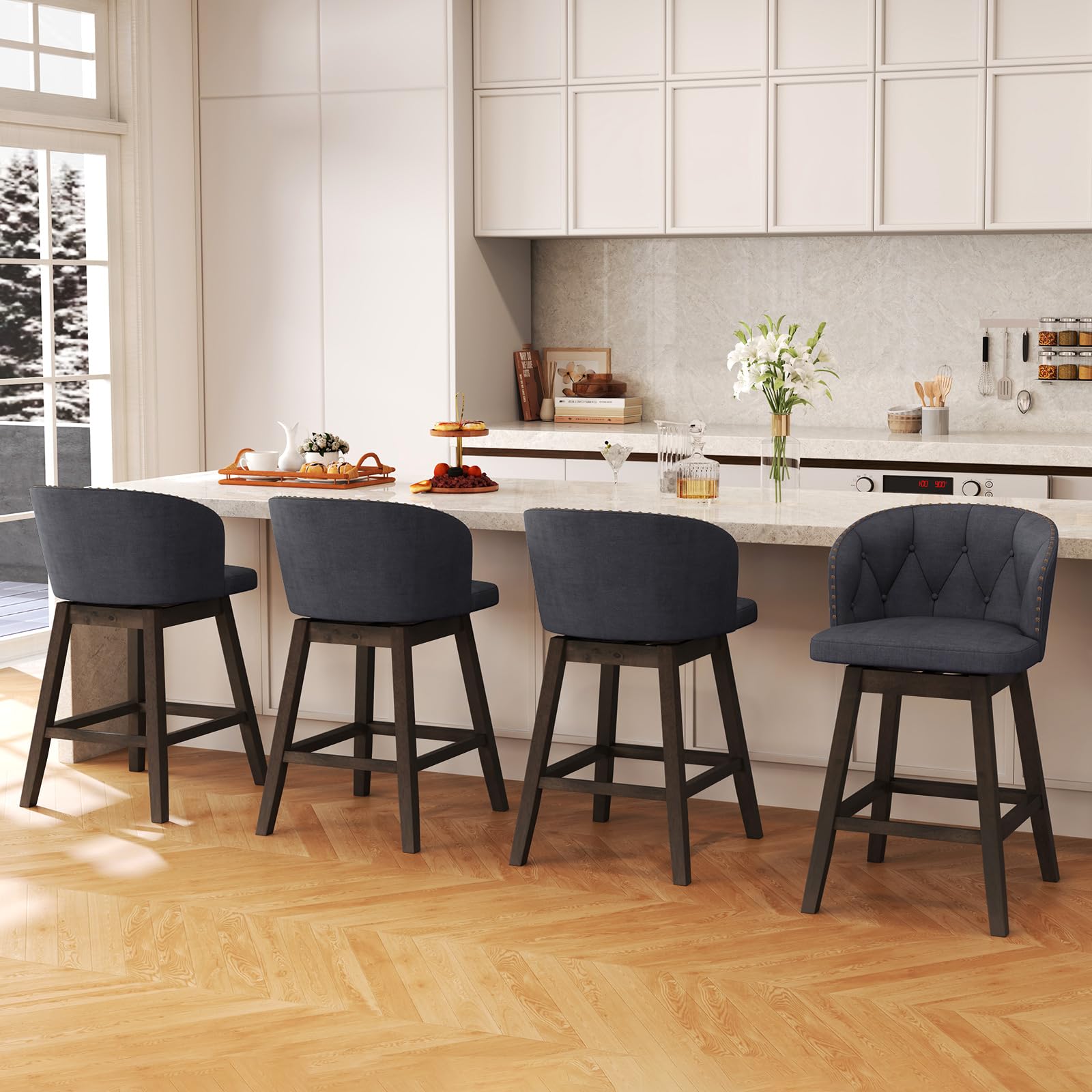 Counter Height Bar Stools Set of 2/4, Fabric Upholstered Island Stools with 360&deg; Swivel Seat & Button-Tufted Back