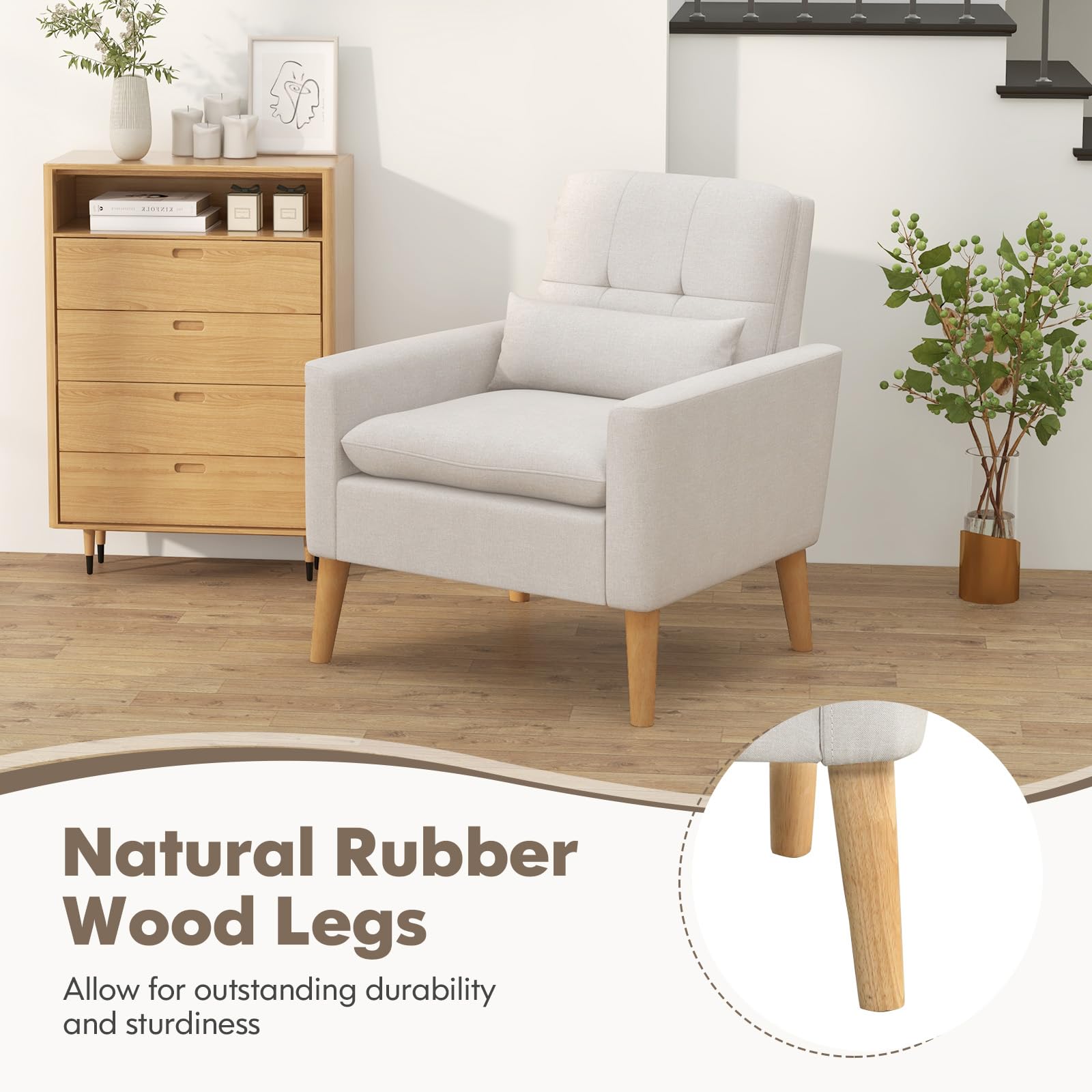 Modern Linen Accent Chair, Upholstered Tufted Armchair with Lumbar Pillow, Rubber Wood Legs, Padded Cushion