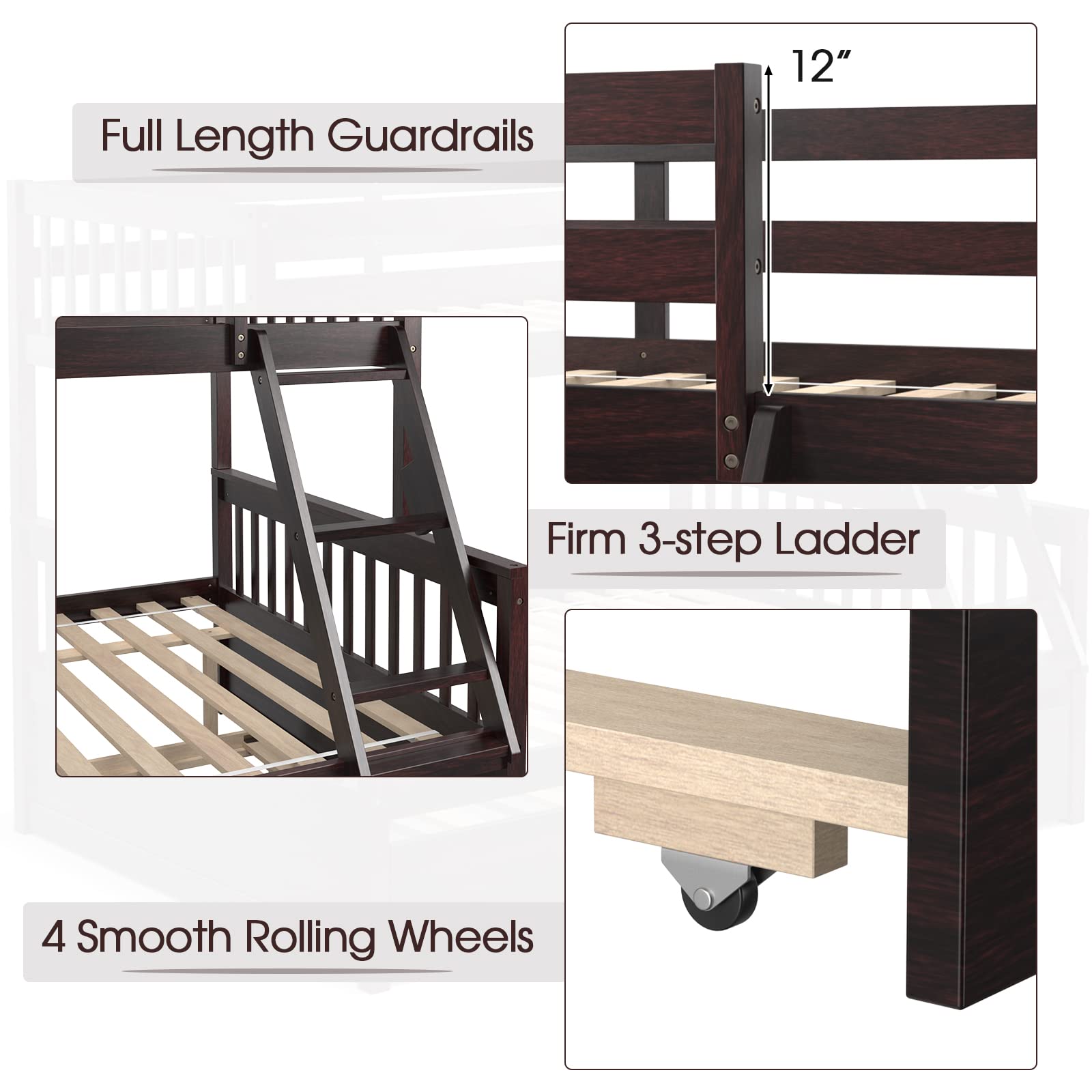 Wood Twin Over Full Bunk Bed with Solid Pine Wood Frame