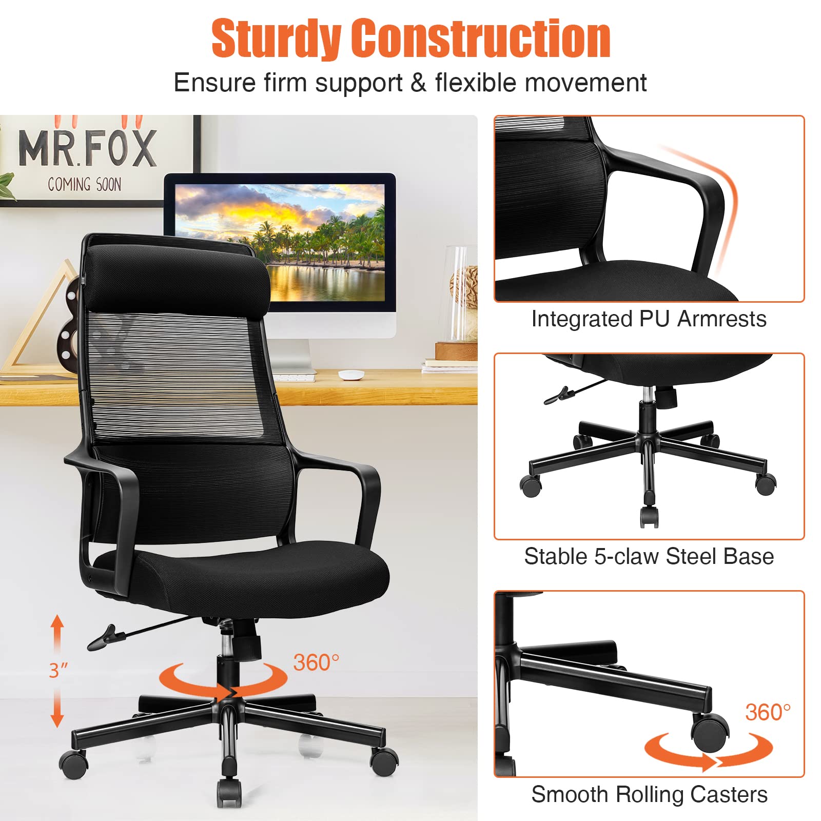 High Back Mesh Heating Headrest and Lumbar Support Armrest, Ergonomic Computer, Executive Task Home Office Desk Chairs
