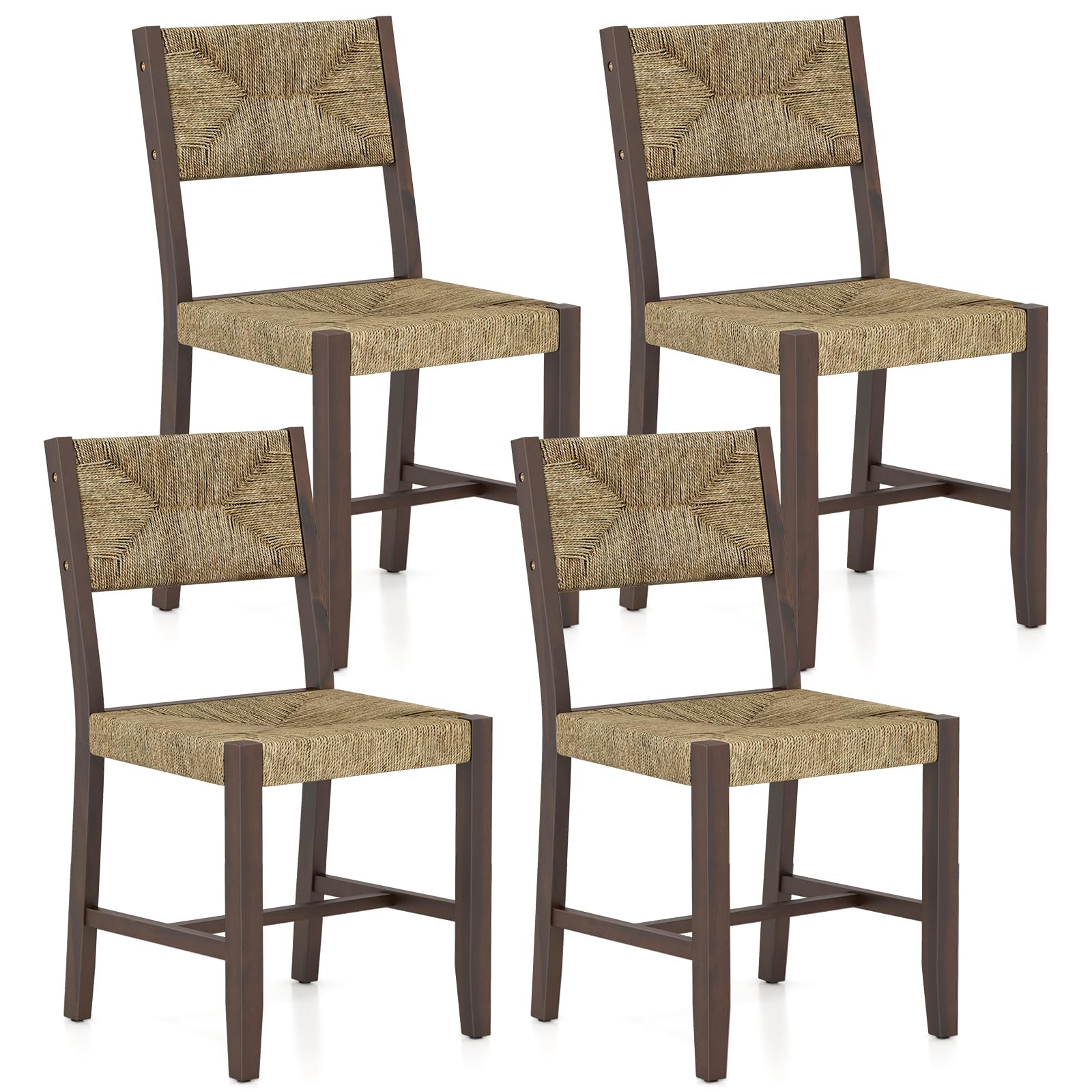 Rattan Dining Chairs Set of 2/4, Farmhouse Cane Side Chairs w/Woven Seaweed Backrest & Seat