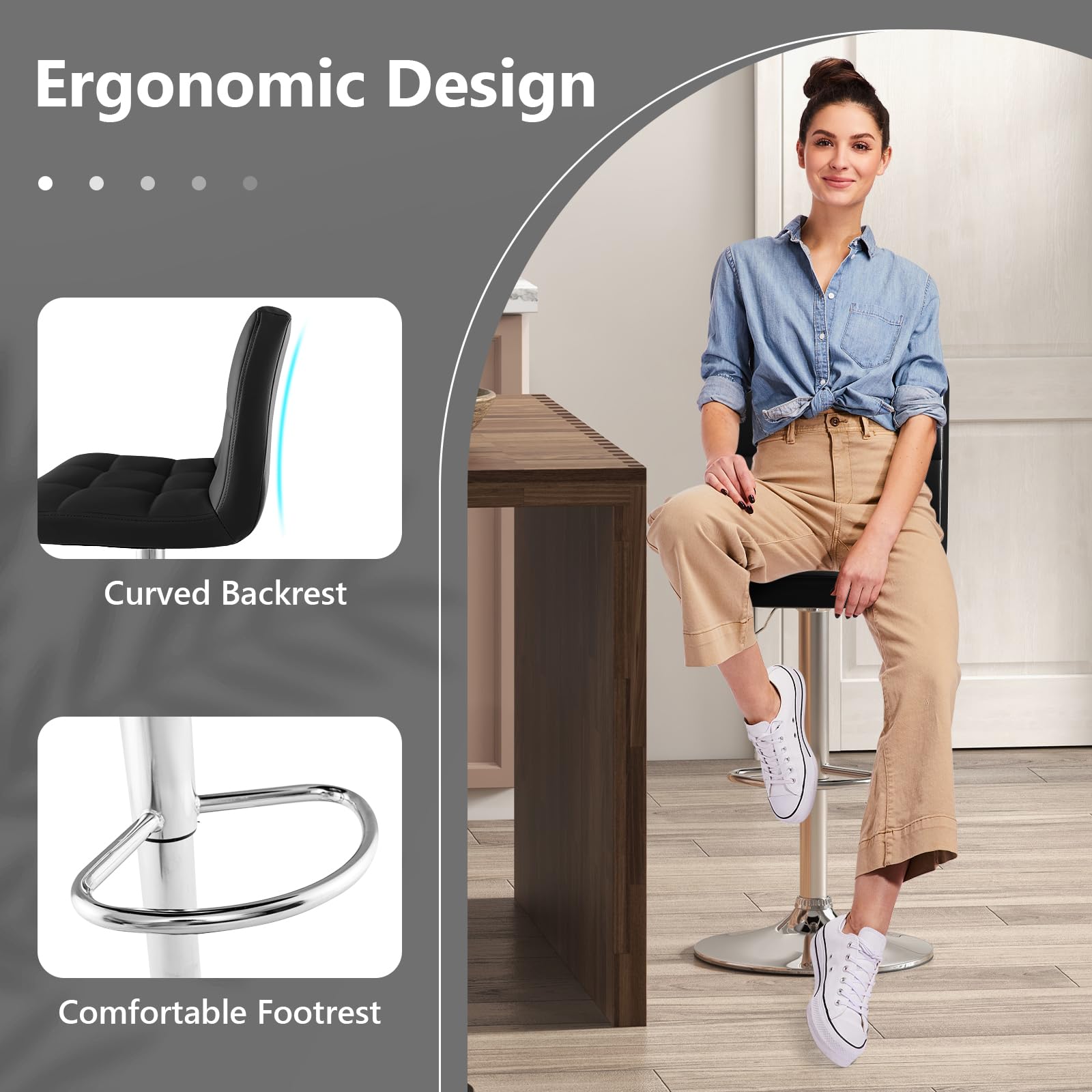 Modern PU Leather Height Adjustable Bar Stools  Set of 1/2 with Back, Footrest, Metal Base