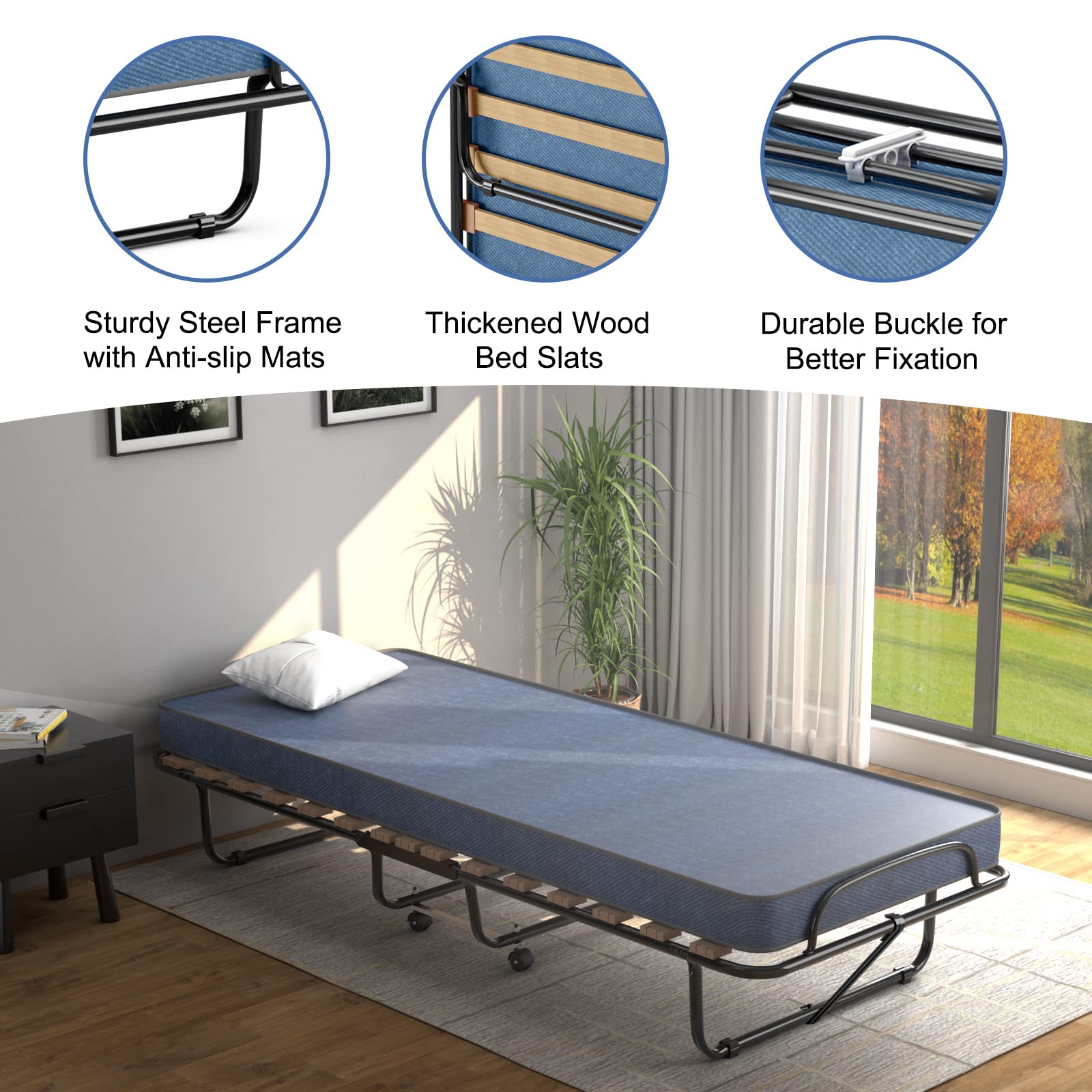 Portable Folding Rollaway Bed with Steel Frame & Memory Foam Mattress