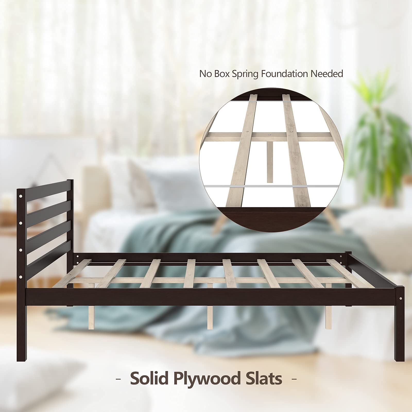 Wood Platform Bed Frame, Paneled Headboard, Wood Slat Support