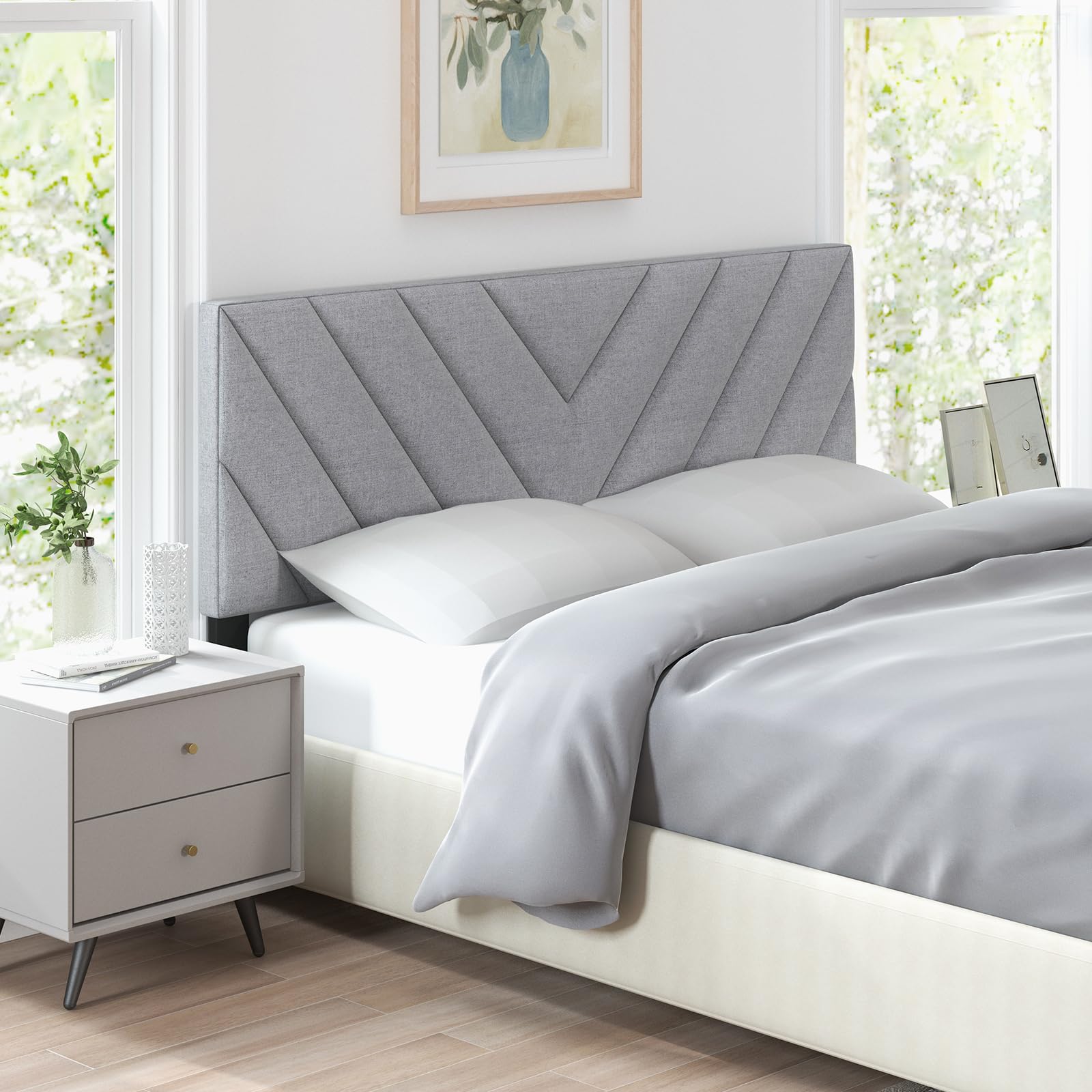 Linen Fabric Upholstered Headboard for Full/Queen Size Bed, Gray