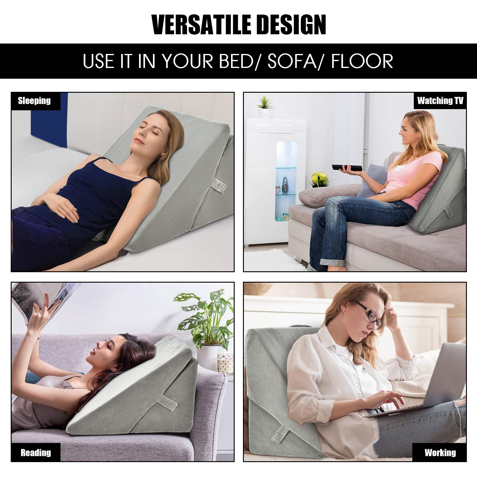 Bed Wedge Pillow, Adjustable Memory Foam Bed Support Pillow w/Removable Cover