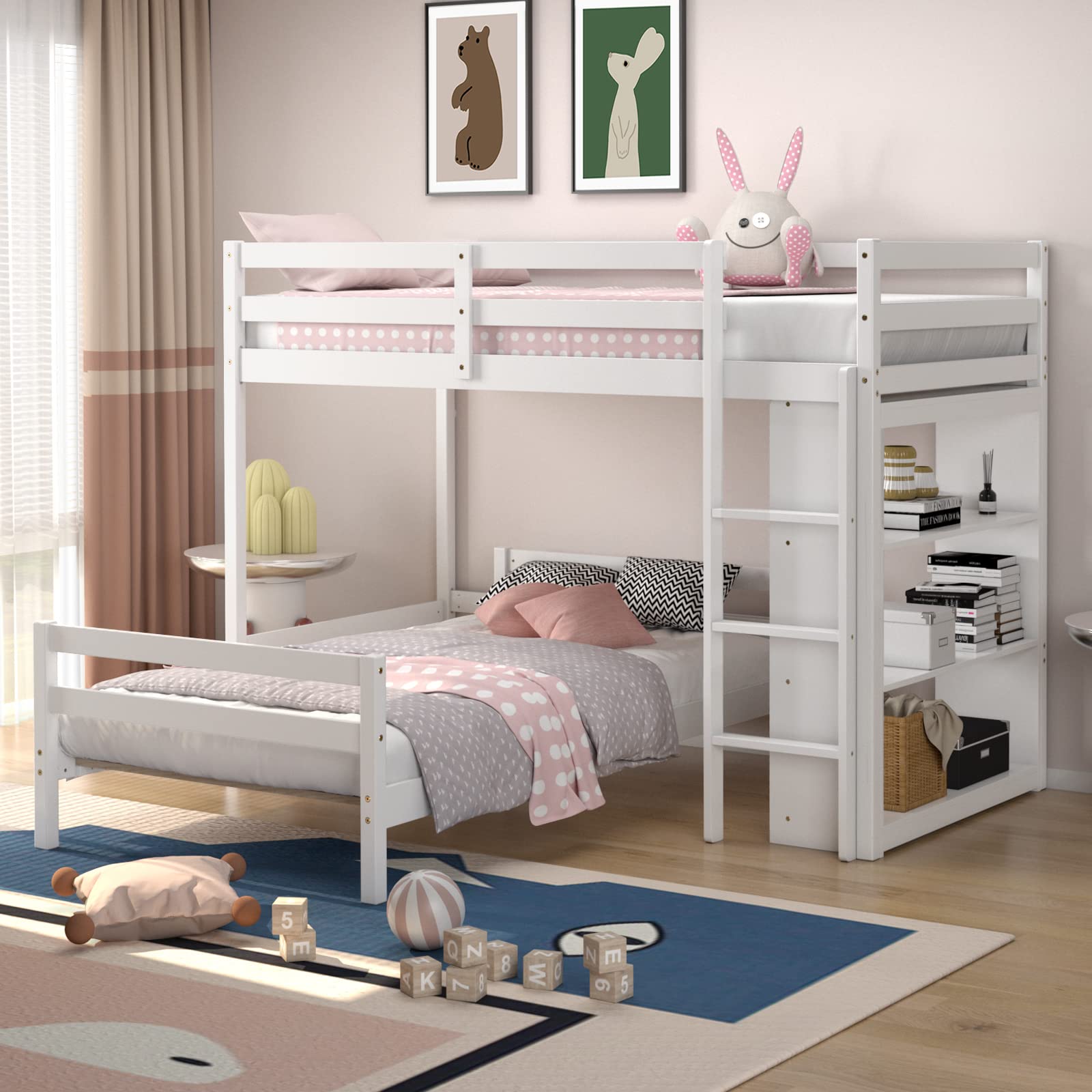 Twin Over Twin Bunk Bed, Convertible Wooden Loft Bed with 3-Tier Bookcase, Can be Separated into 2 Beds