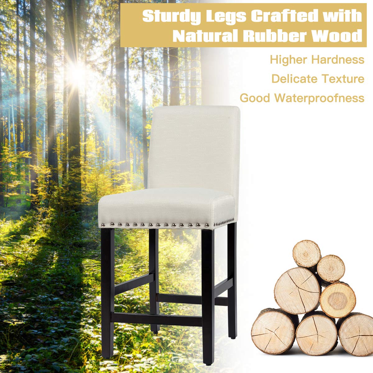 Bar Stools Set of 2/4, 25'' Counter Height Upholstered Bar Chairs w/ Rubber Wood Legs, Breathable Linen Fabric, Padded Seat & Backrest