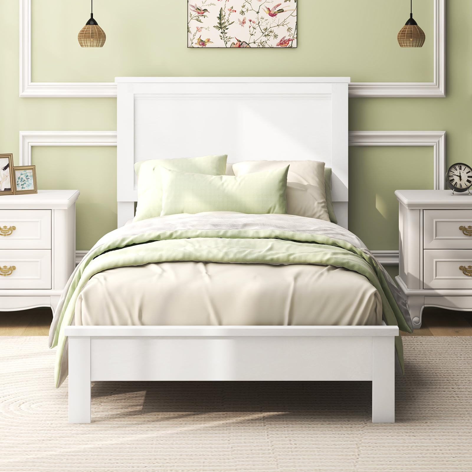 Wood Platform Bed Frame with Headboard, Mid Century Platform Bed Frame with Solid Wood Legs & Wooden Slat Support