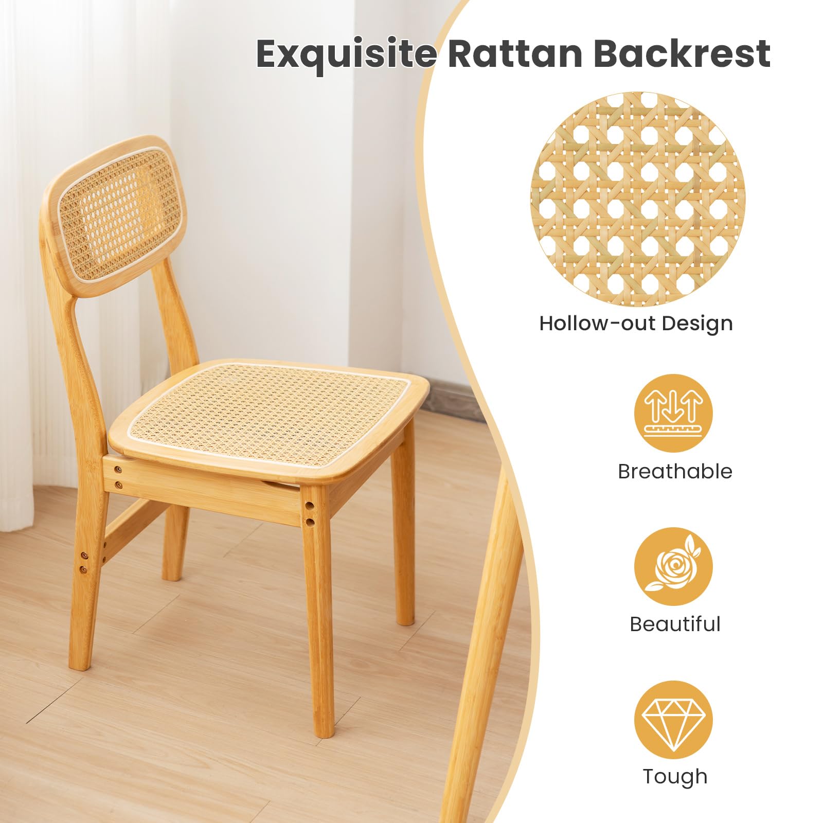 Rattan Dining Chairs Set of 2/4, Bamboo Armless Dining Room Chairs