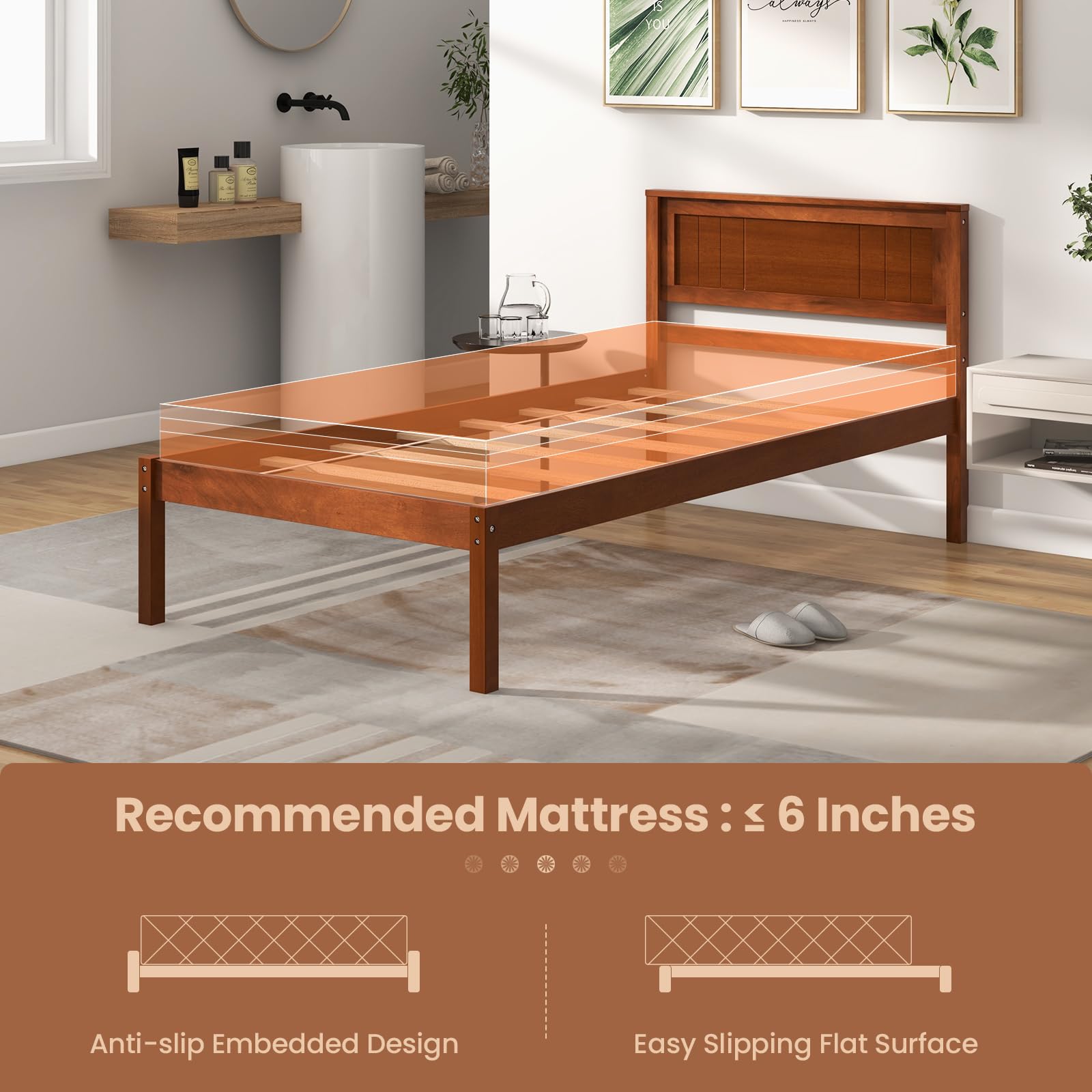 Wooden Platform Bed Frame with Headboard & Wood Slat Support