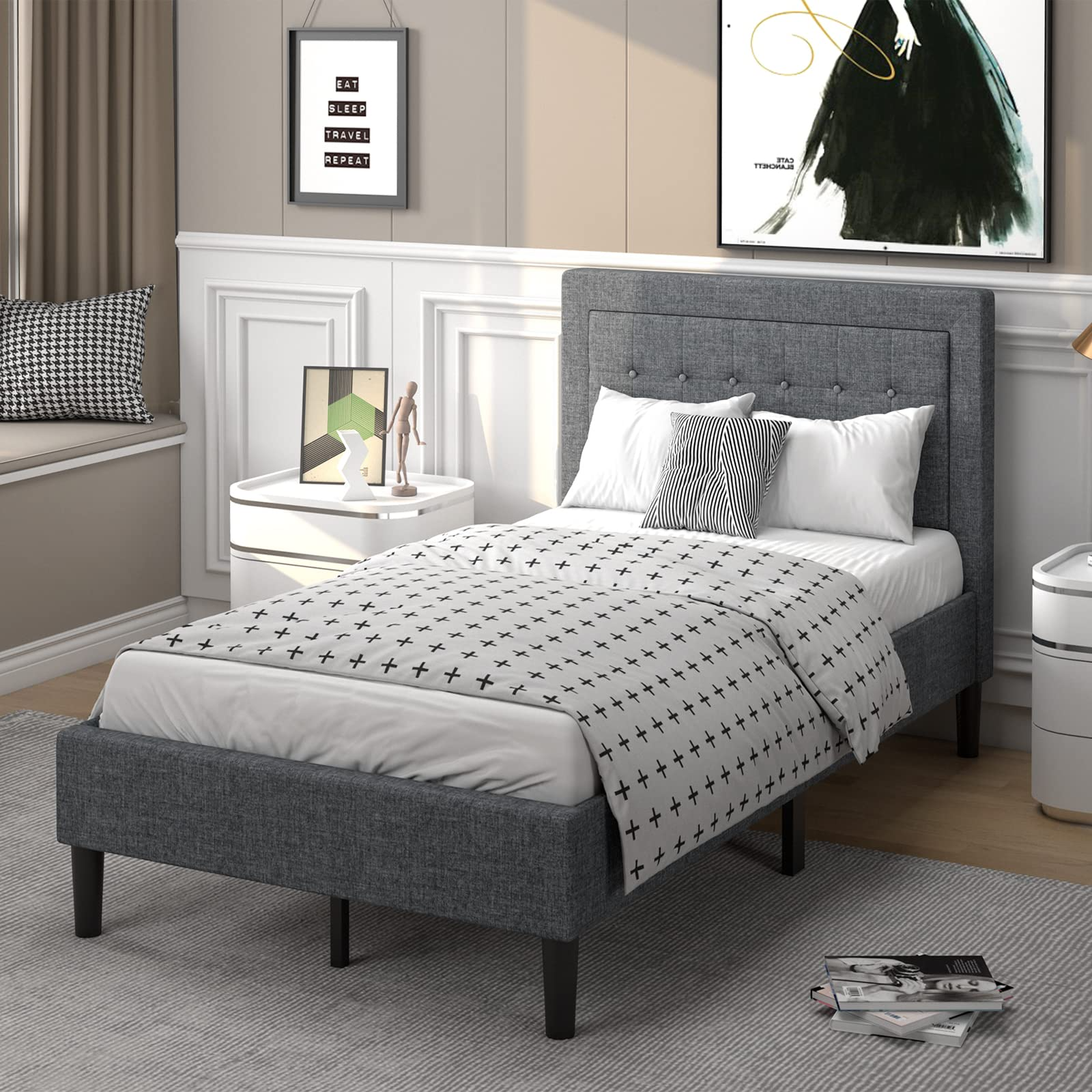 Twin Size Linen Upholstered Platform Bed Frame with Button Tufted Headboard and Wooden Slats
