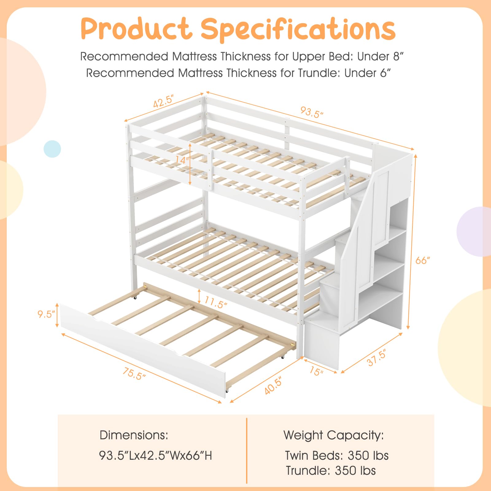 Twin Over Twin Wood Bunk Bed with Trundle & Storage Stairs, Convertible to 2 Separated Beds