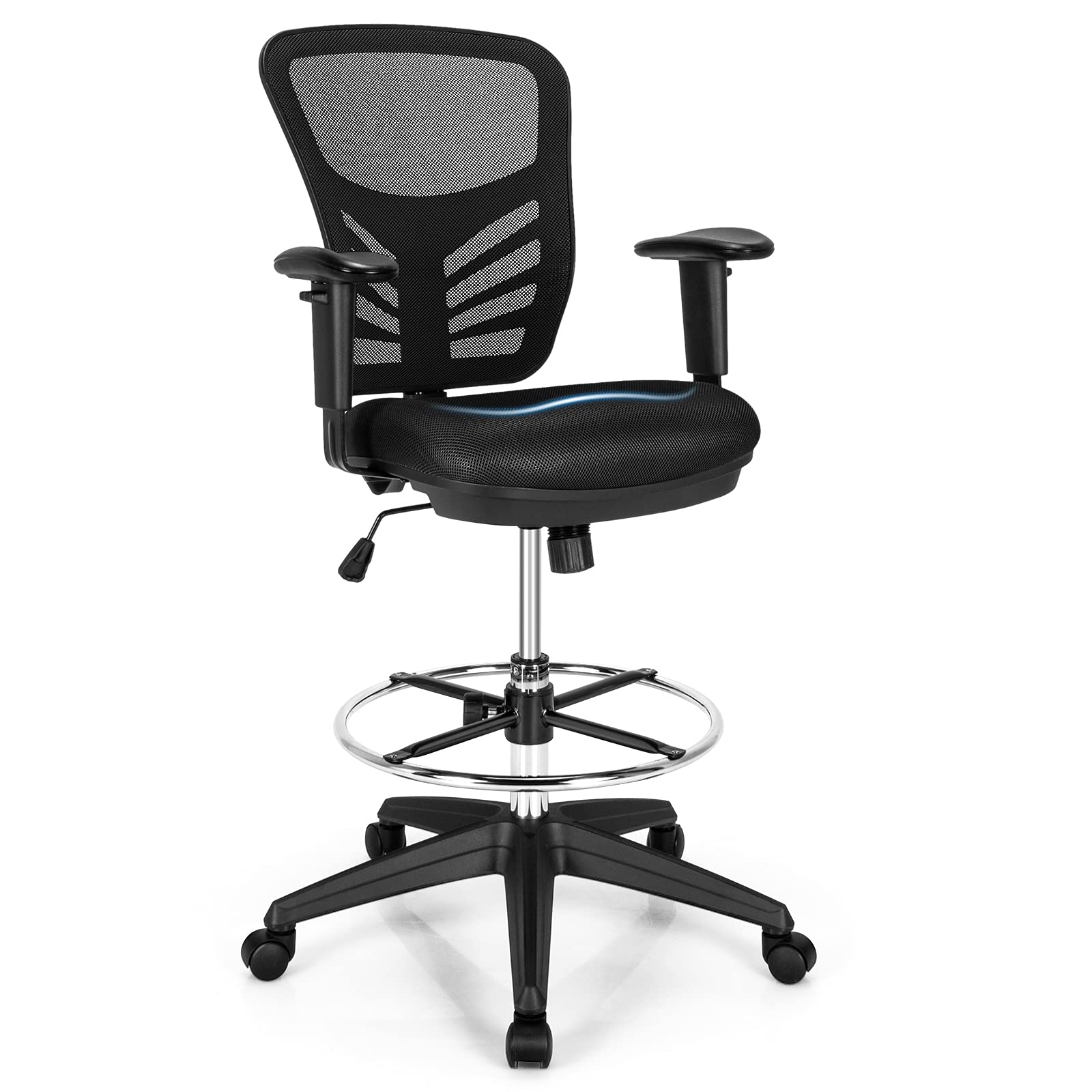 Drafting Chair, Standing Desk Chair with Lumbar Support, Footrest Ring & Armrests