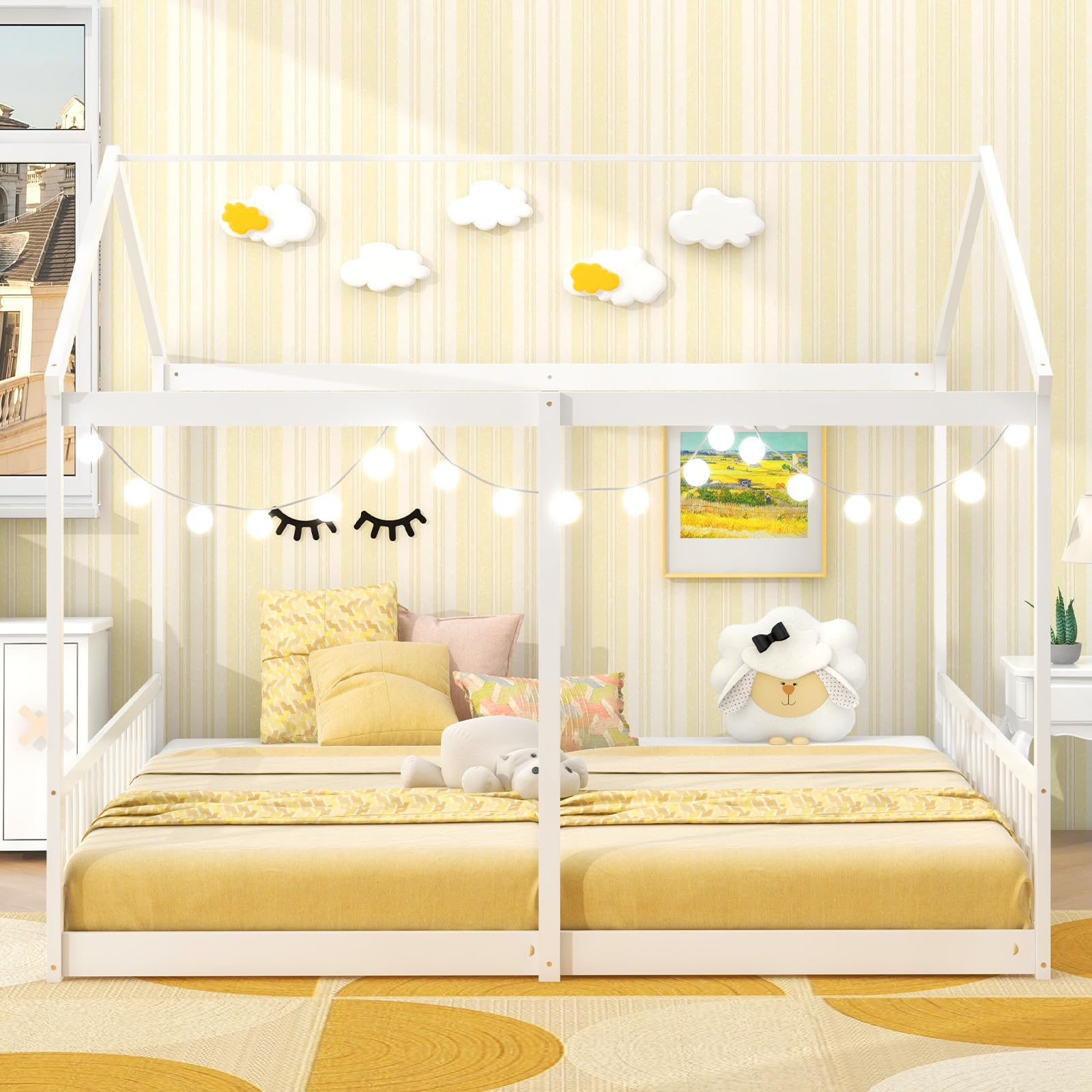 Double Twin Floor Beds for 2 Kids, Wood Twin Size House Beds with Safety Guardrails