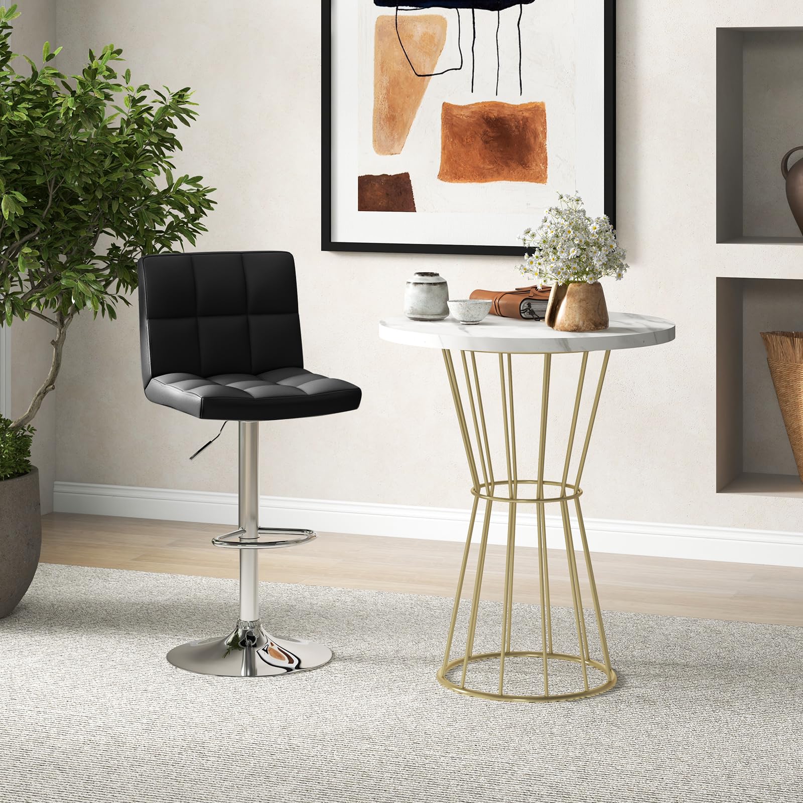 Modern PU Leather Height Adjustable Bar Stools  Set of 1/2 with Back, Footrest, Metal Base