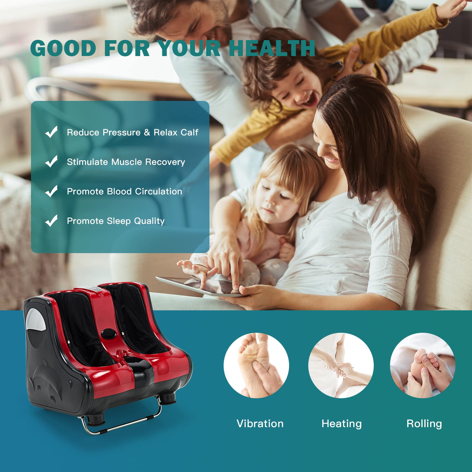 Foot and Calf Massager with Heat，Shiatsu Foot Massager Machine with Vibration, Deep Kneading, 3-Level Intensity Modes