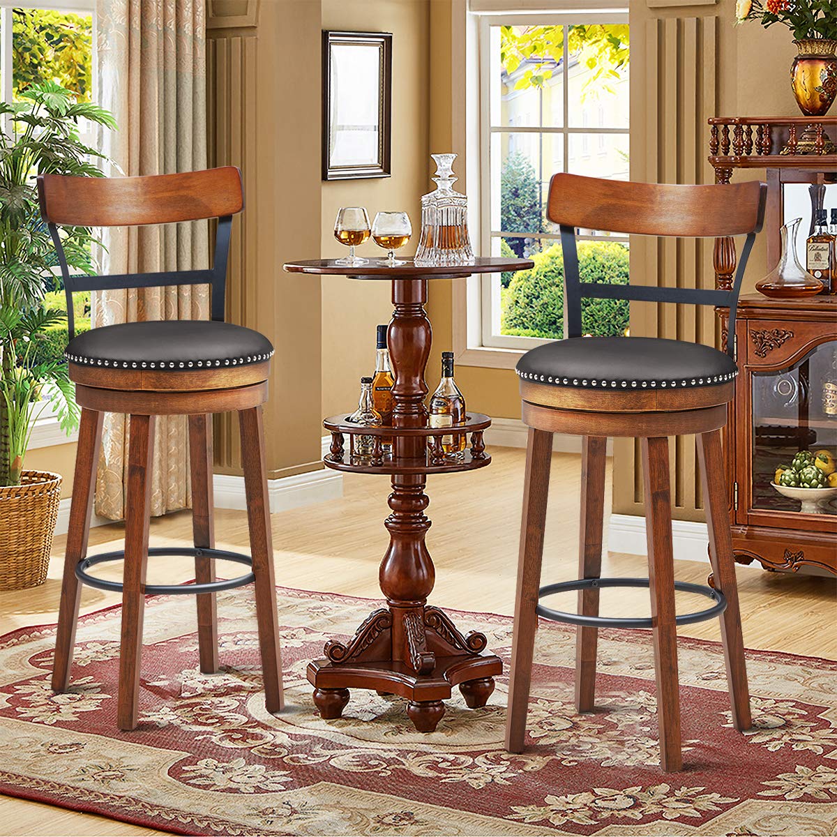 Bar Stools Set of 1/2/4, 360-Degree Swivel Stools with Leather Padded Seat, Single Slat Ladder Back & Solid Rubber Wood Legs