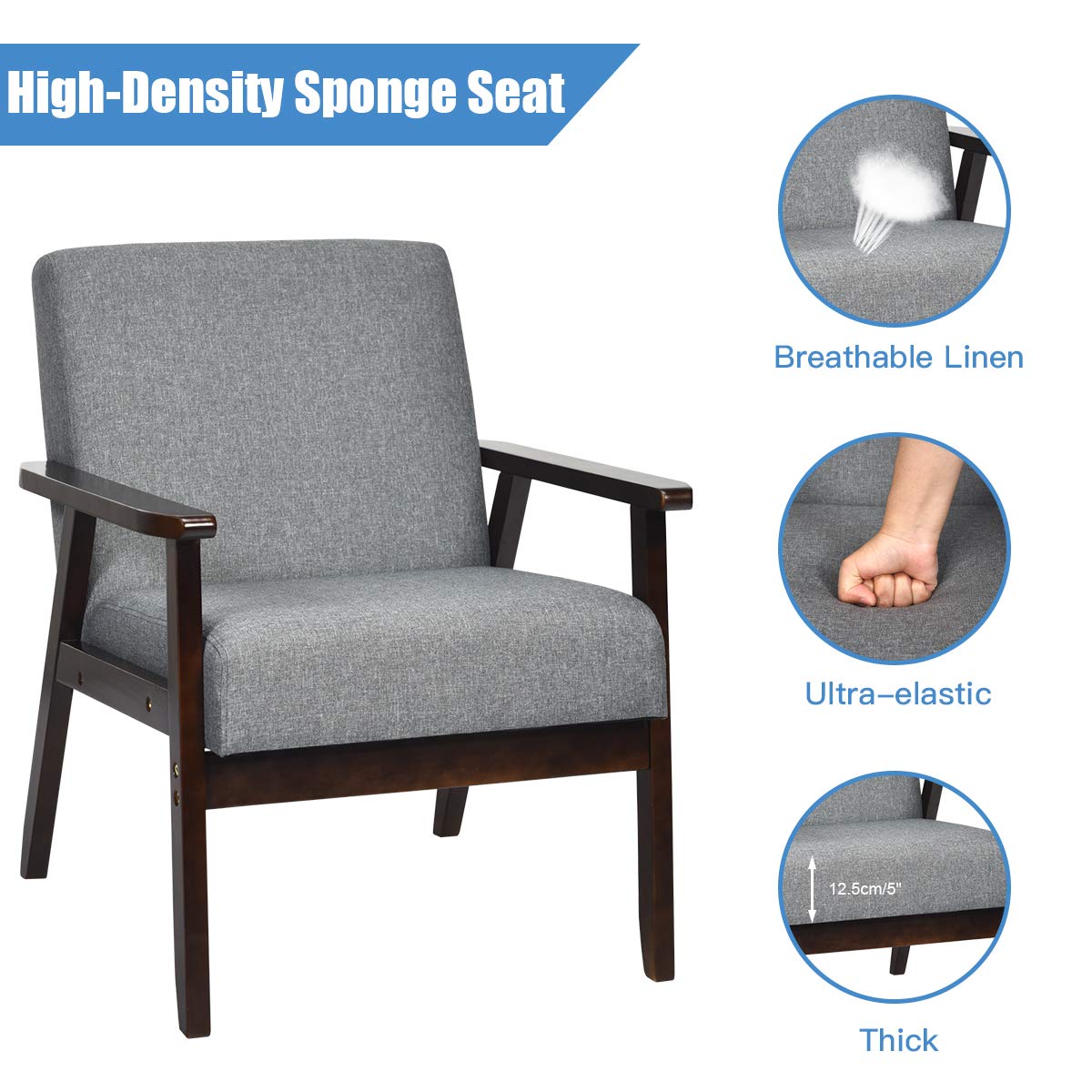 Solid Hardwood Made Mid-Century Modern Accent Chair | Retro Fabric Armchair