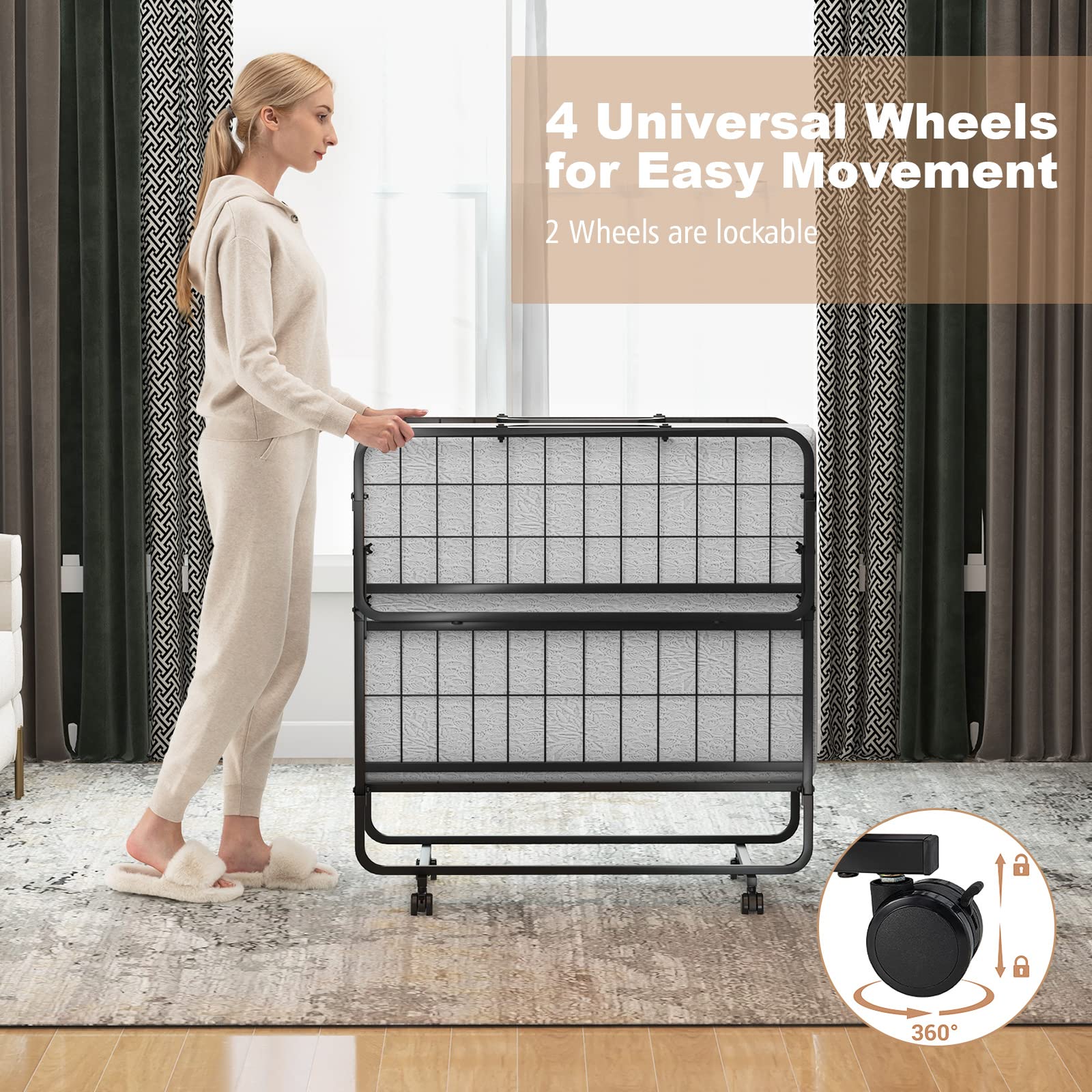 Folding Bed with 4" Mattress for Adults, Twin Size Rollaway Guest Beds w/Sturdy Metal Frame & Memory Foam Mattress