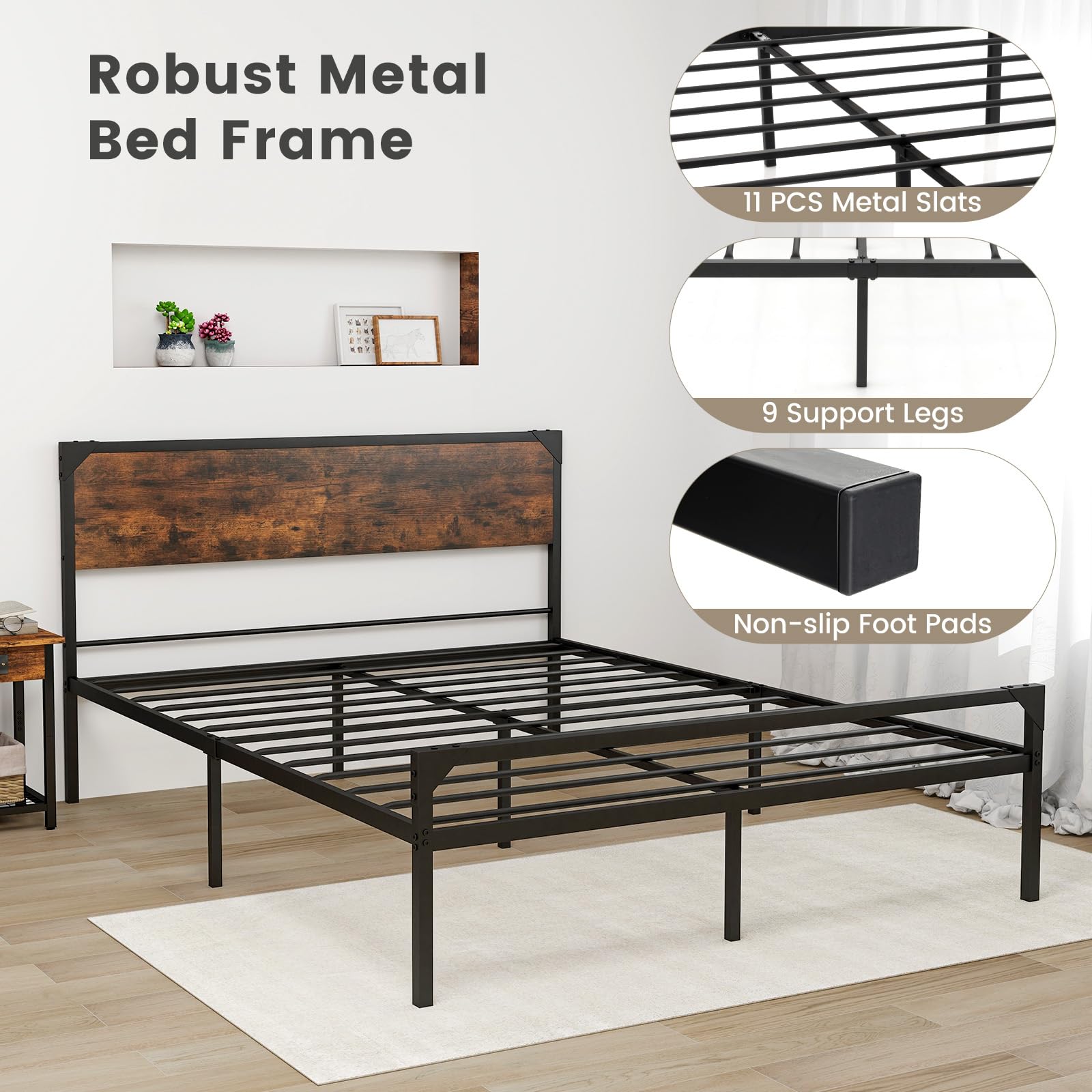 Full/ Queen Size Metal Bed Frame with Wood Headboard