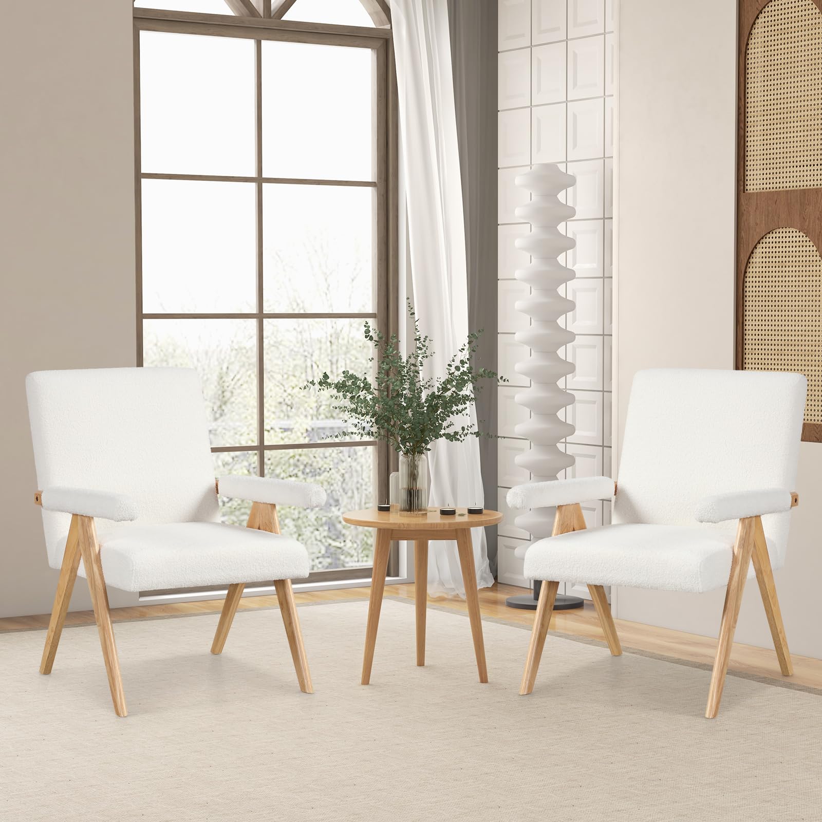 Mid-Century Modern Accent Chair, Sherpa Fabric Reading Chair with Padded Armrests, Solid Rubber Wood Frame