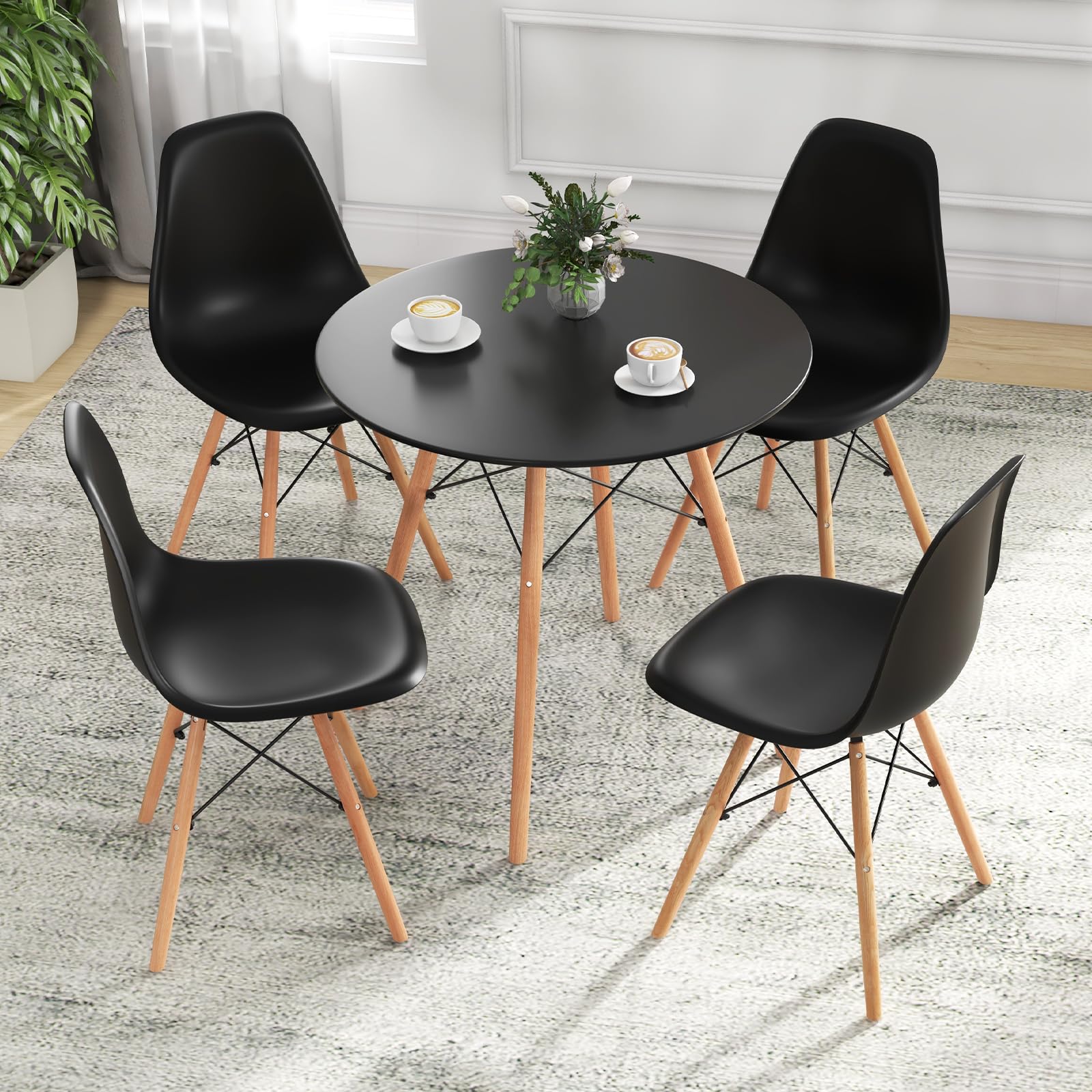 Round Dining Table Set for 4, Modern 31.5" D Dining Table & 4 Dining Chairs with Solid Wood Legs