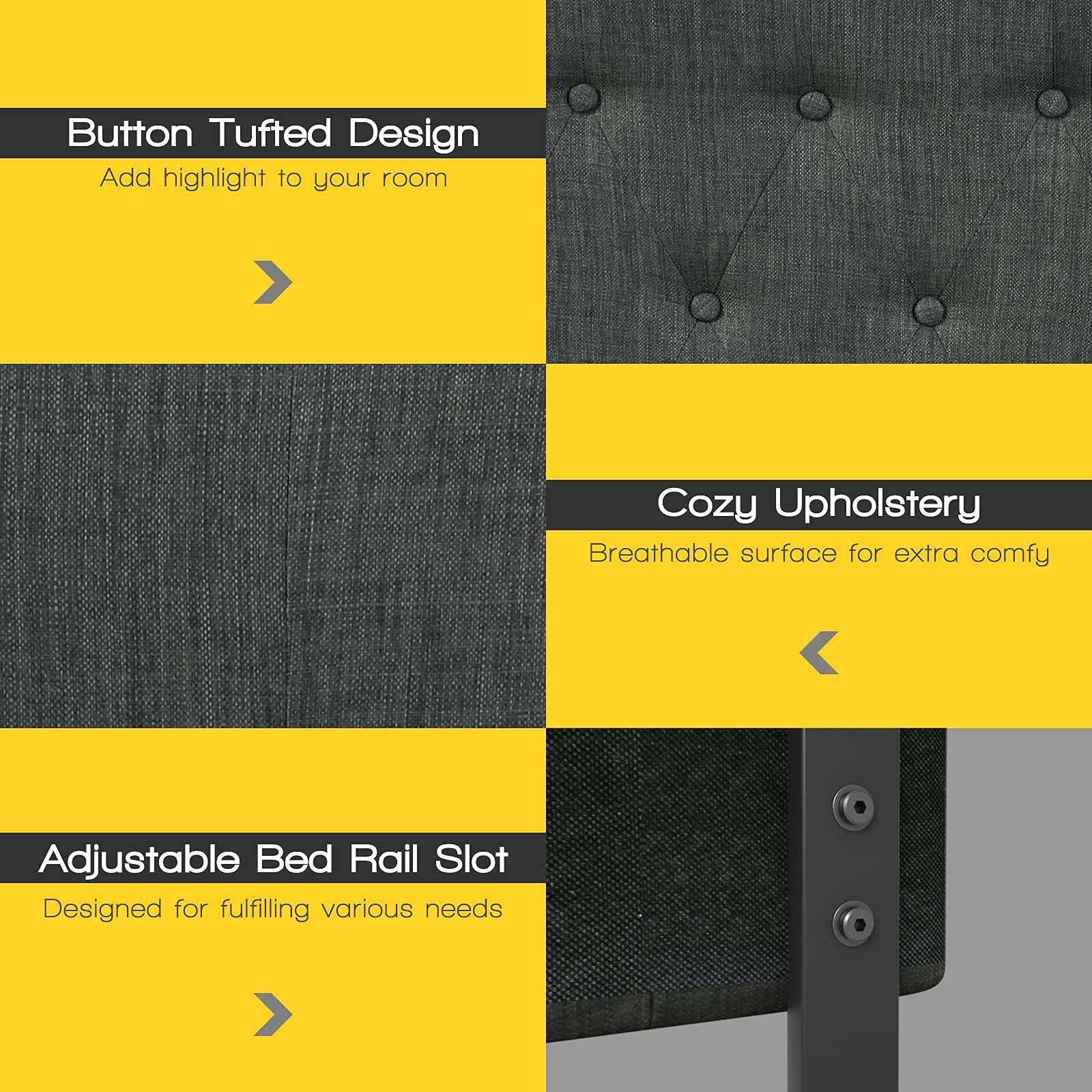 Upholstered Headboard, Adjustable Height from 38" to 53" Platform