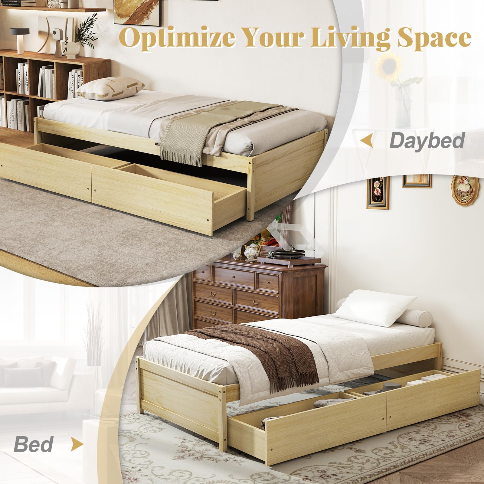 Bed Frame with 2 Storage Drawers, Solid Wood Platform Bed with Slats Support