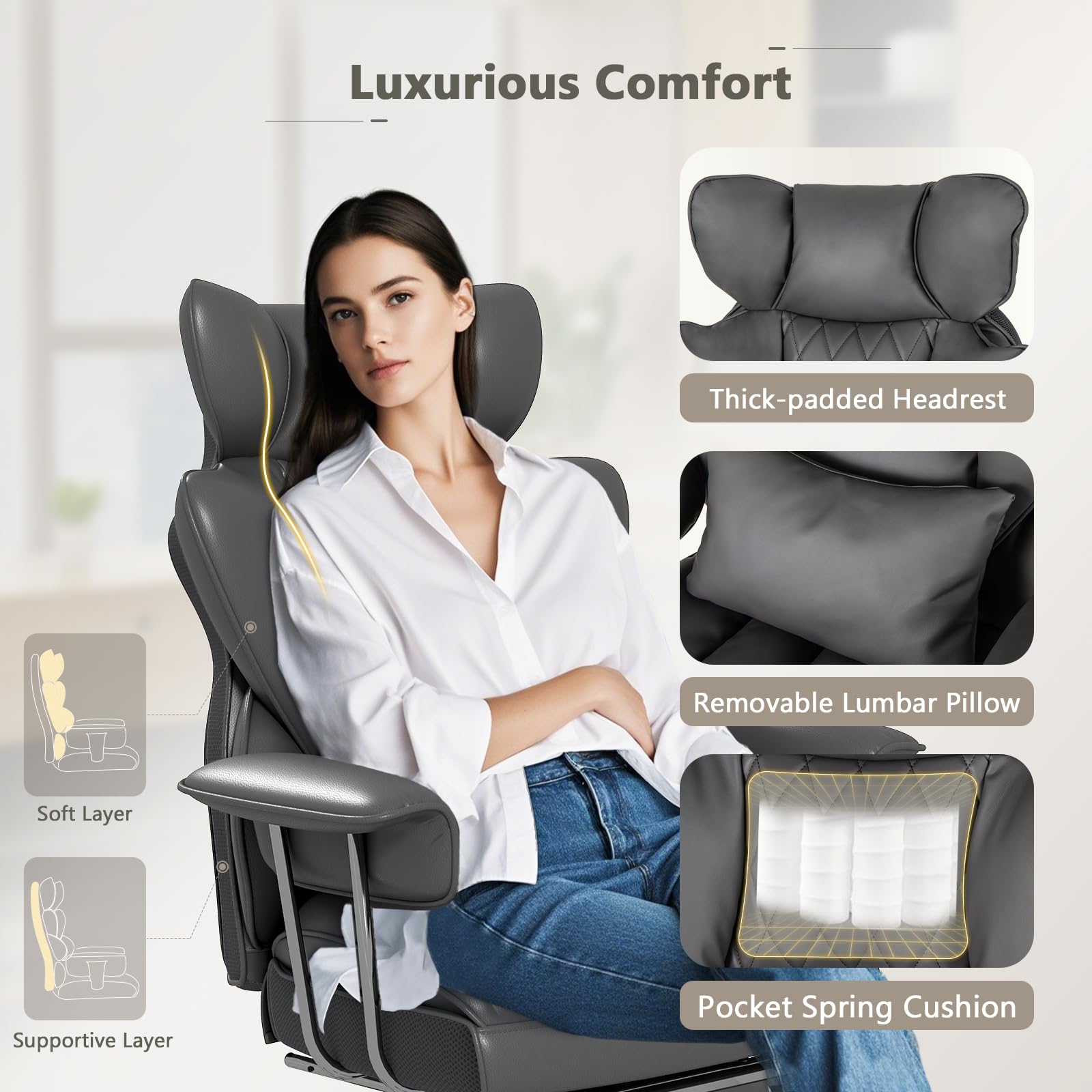 400 LBS Big and Tall Office Chair, PU Leather Executive Desk Chair w/Retractable Footrest