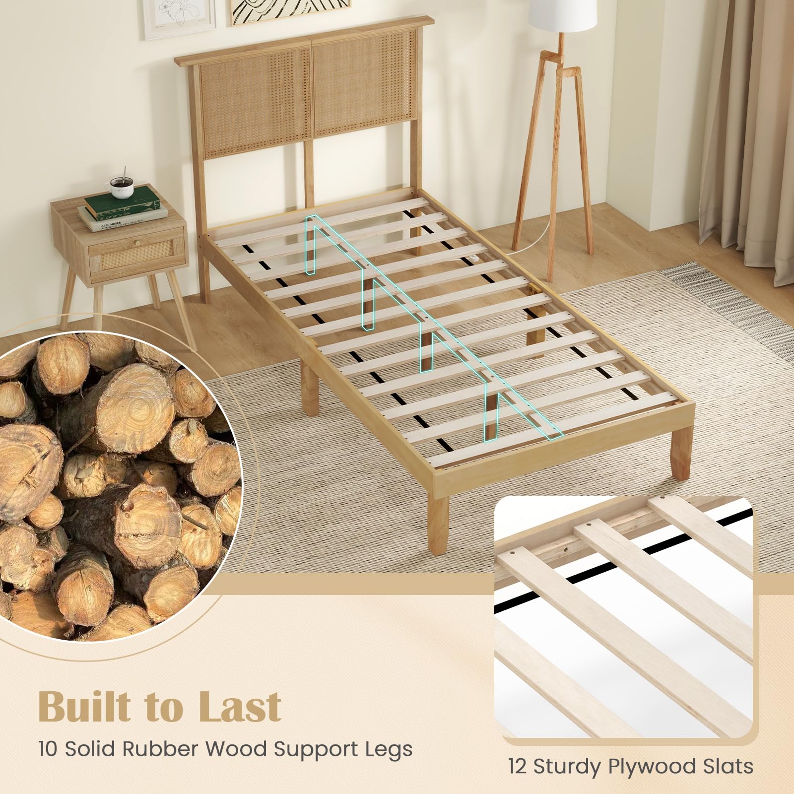 Wood Platform Bed Frame with Rattan Headboard, Wooden Slats & Under-Bed Storage