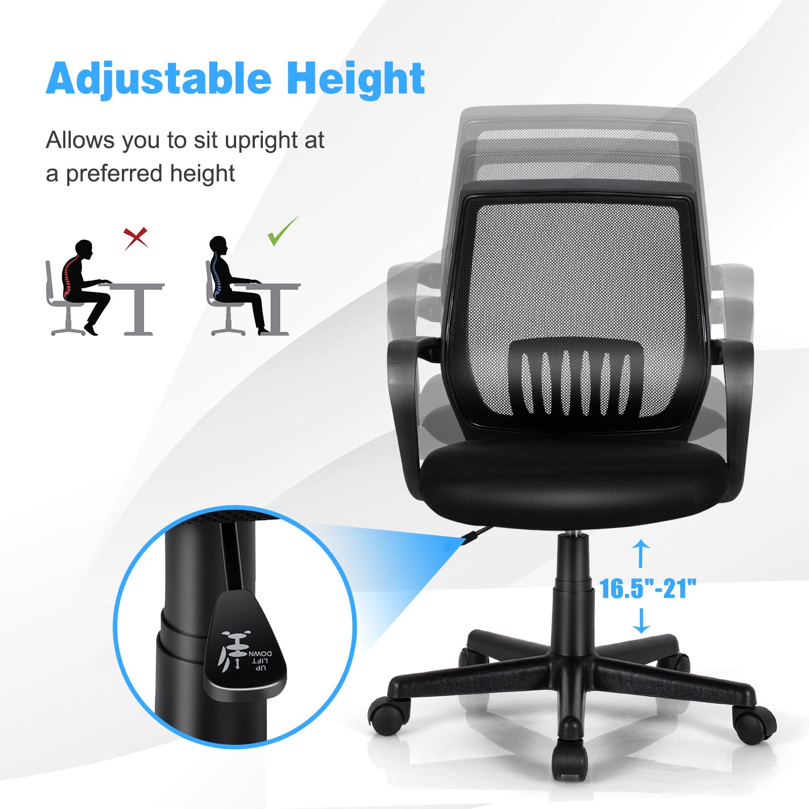 Office Chair, Mesh Desk Chairs with Wheels, Lumbar Support, Waterfall Seat