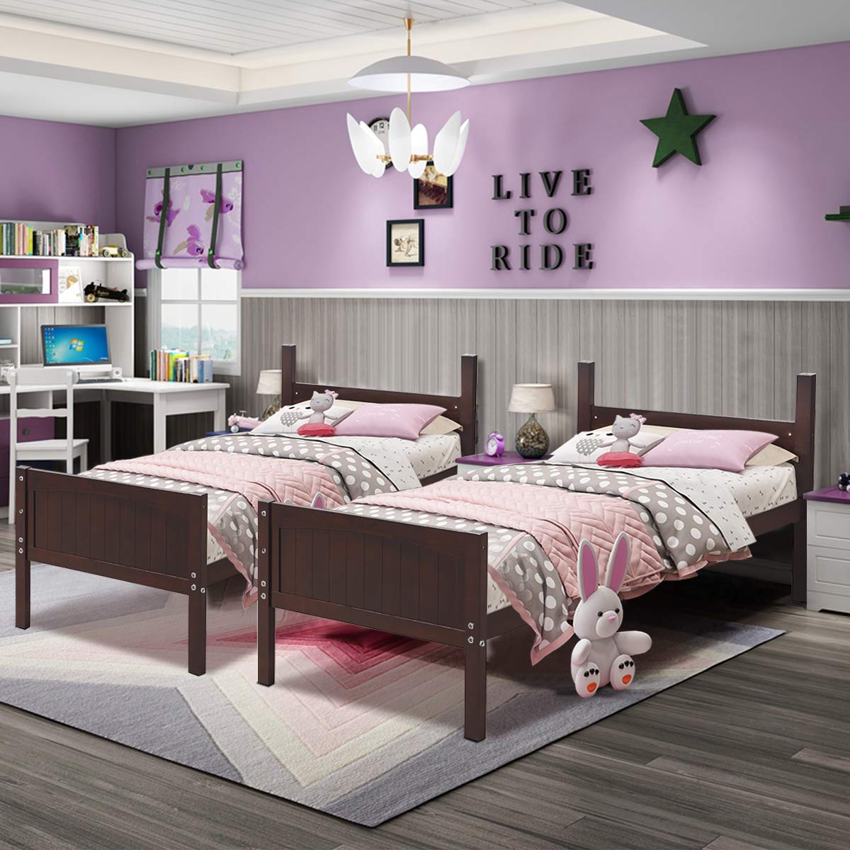 Wood Twin Over Twin Bunk Beds, Convertible 2 Individual Twin Beds for Kids Children