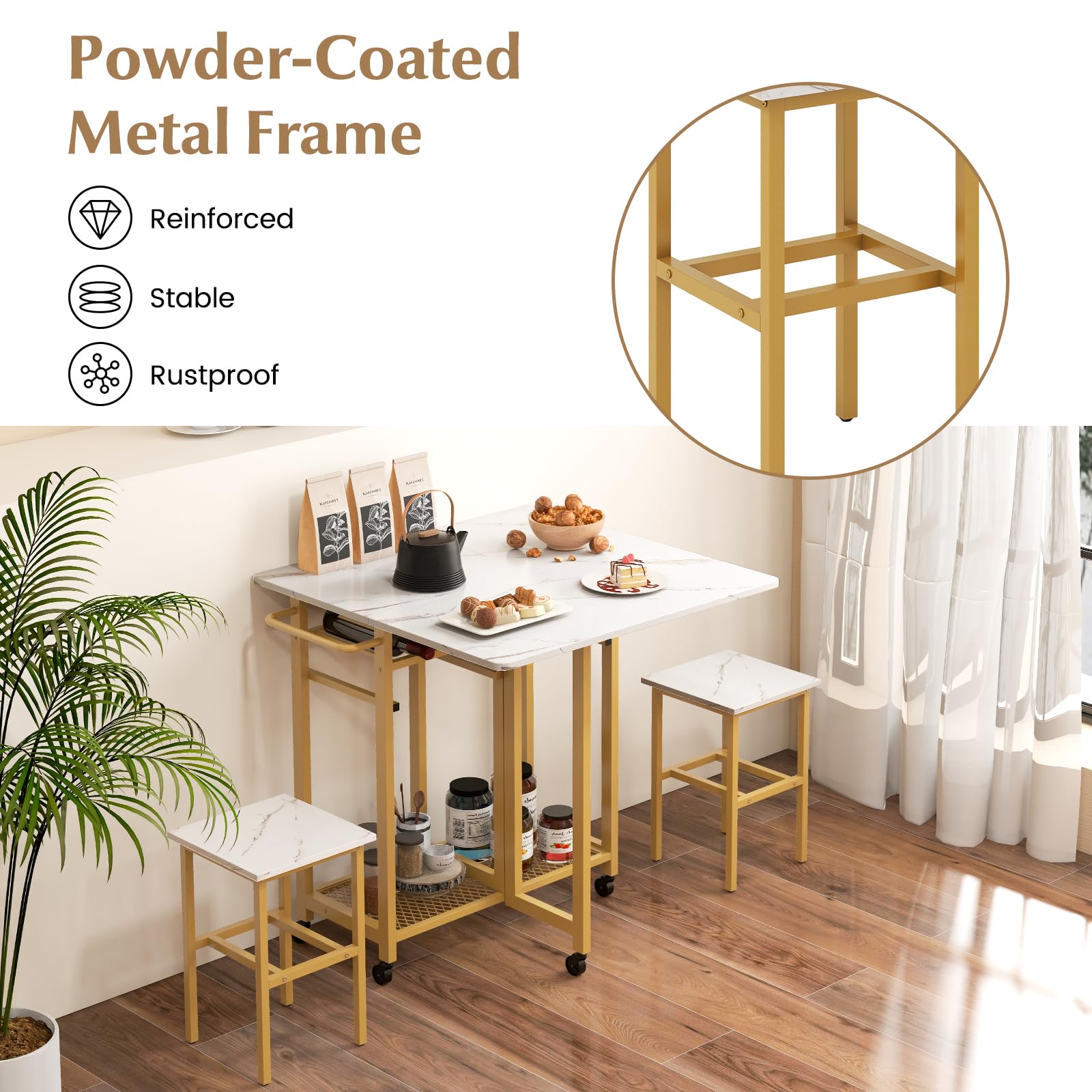 3 Piece Foldable Dining Table Set, Extendable Dining Table & 2 Stools Set w/ 6-Bottle Wine Rack, Shelves & Side Pushing Handle