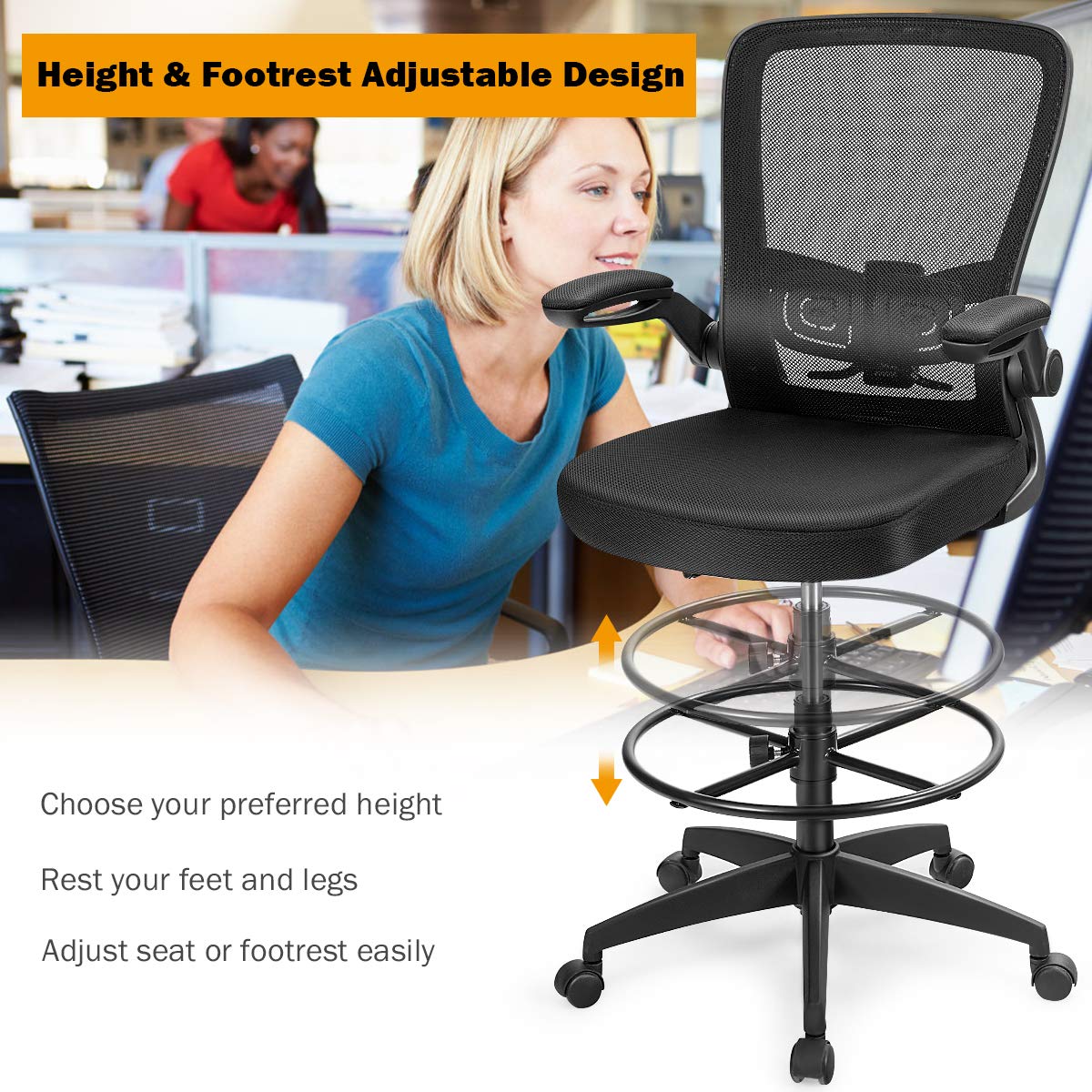 Drafting Chair, Ergonomic Tall Office Chair with Thick Cushion, Flip-up Armrest, Adjustable Back Support & Footrest