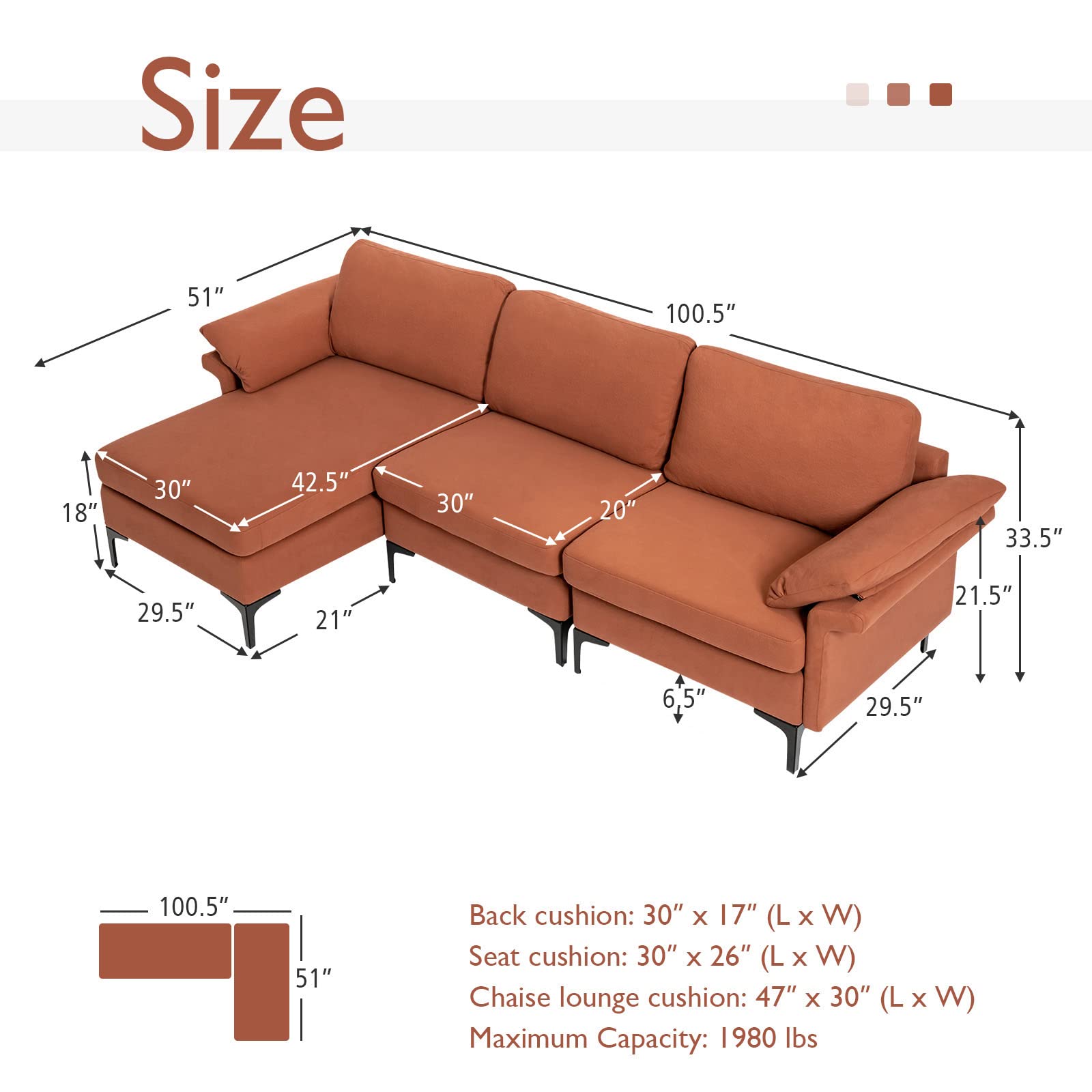 100.5 Inch Convertible L-Shaped Sectional Sofa Couch, 3-Seat Sofa with Reversible Chaise Lounge