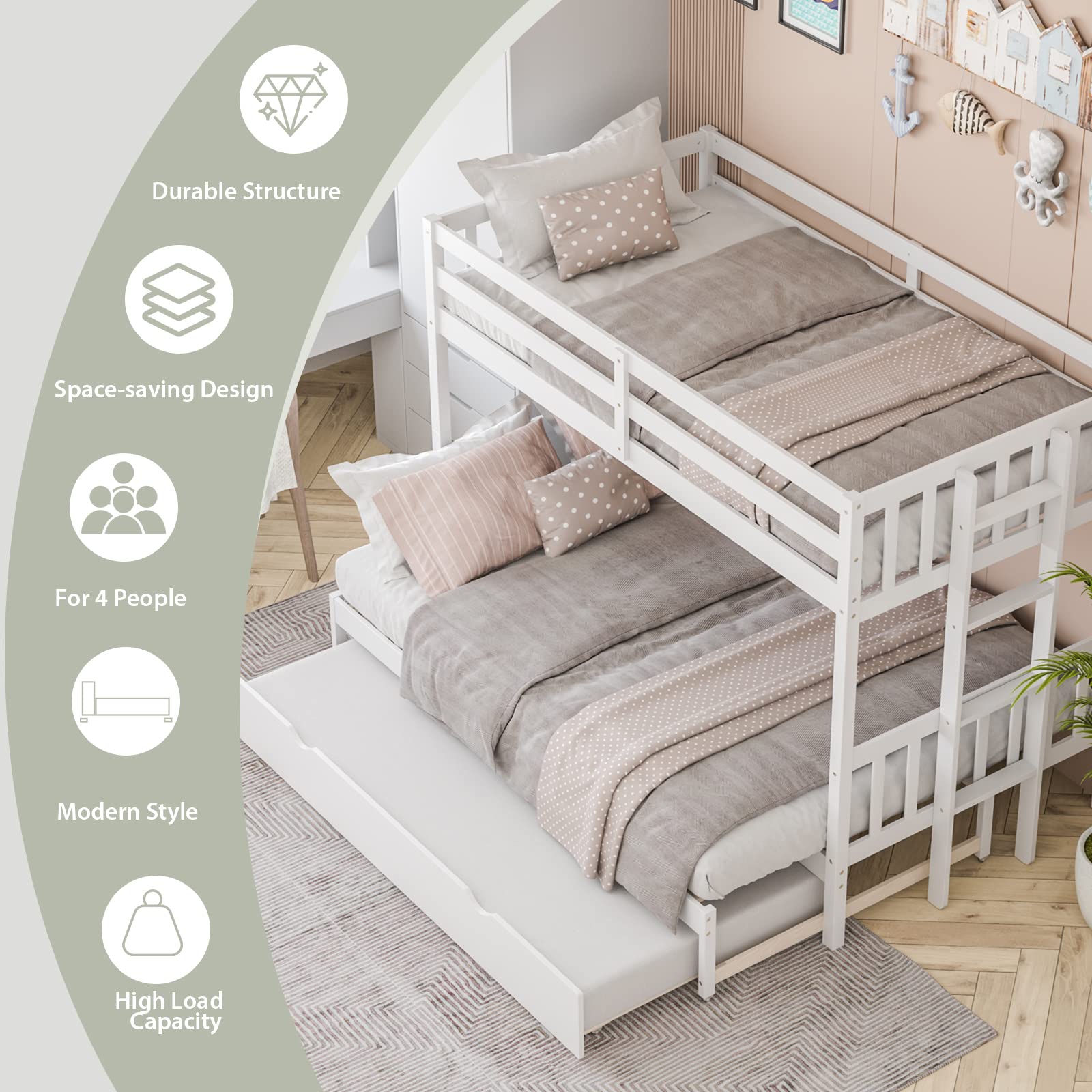 Twin Over Full Bunk Bed with Trundle,  Extendable Twin/Full/Queen/King Bunk Bed