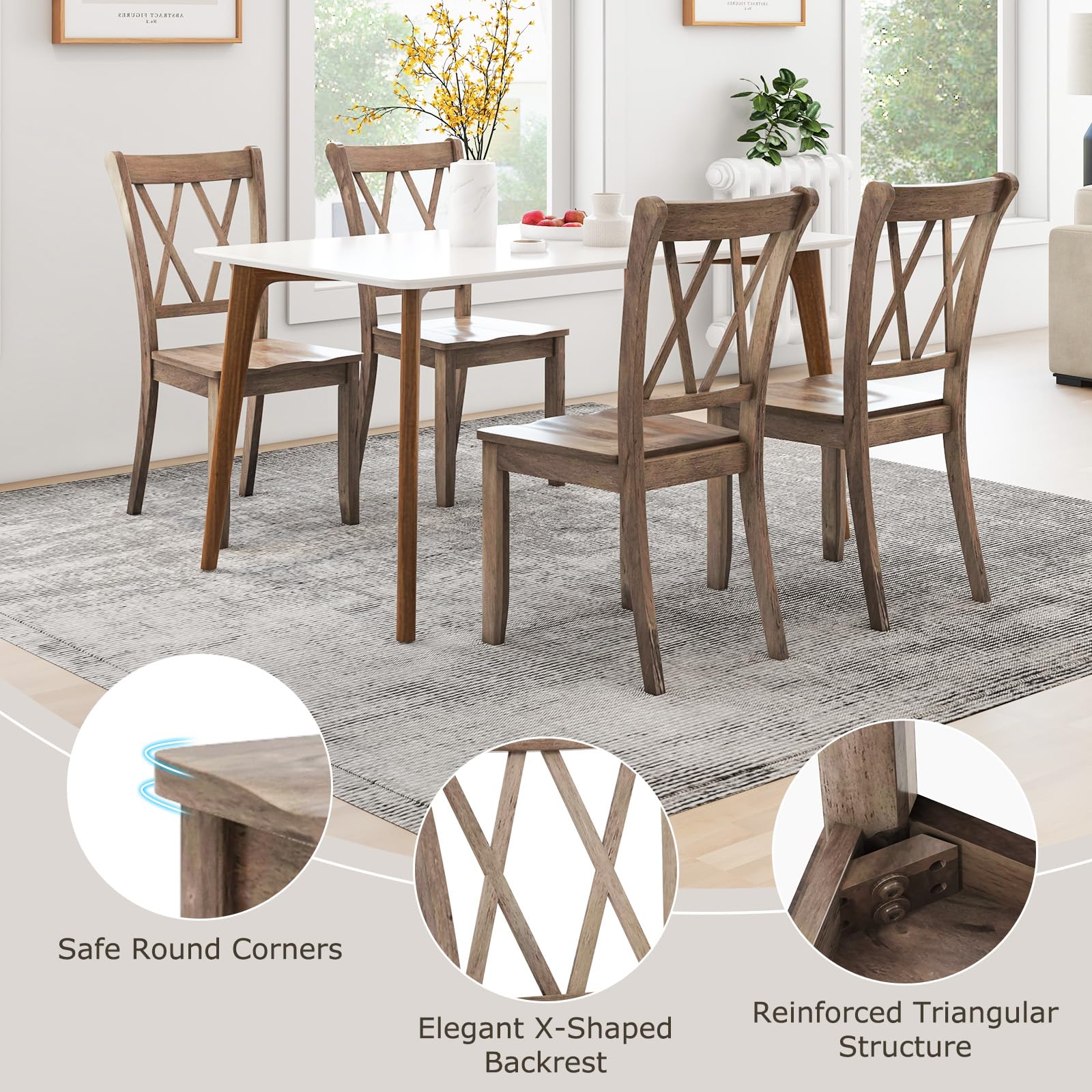 Set of 2/4 Dining Chairs, Rubber Wood Dining Room Chair, Farmhouse Dining Side Chairs
