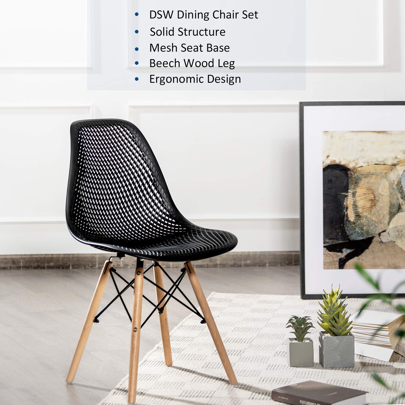 Set of 4 Modern Dining Chairs, Outdoor Indoor Shell PP Lounge Side Chairs with Mesh Design, Beech Wood Legs