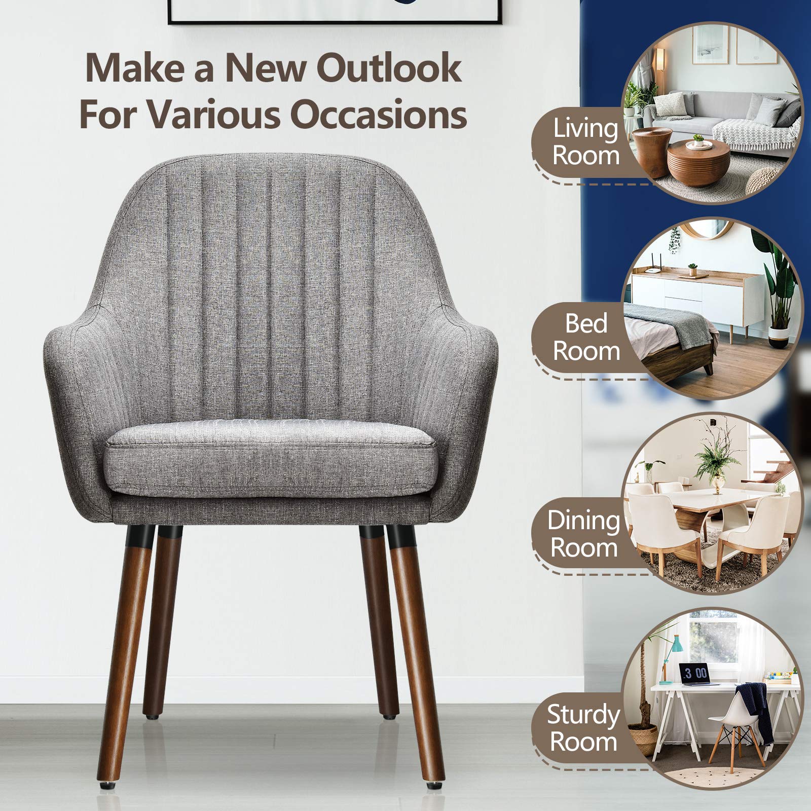 Set of 2/4 Fabric Dining Chairs, Accent Upholstered Arm Chair w/Wood Legs