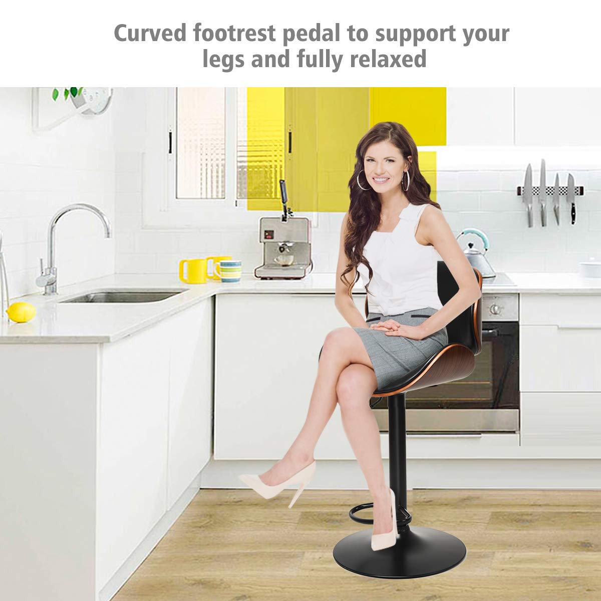 Bar Stools Set of 2/4, Adjustable Swivel Bentwood Barstools with Back, Large Iron Base, 360 Degree PU Leather Seat and Curved Footrest