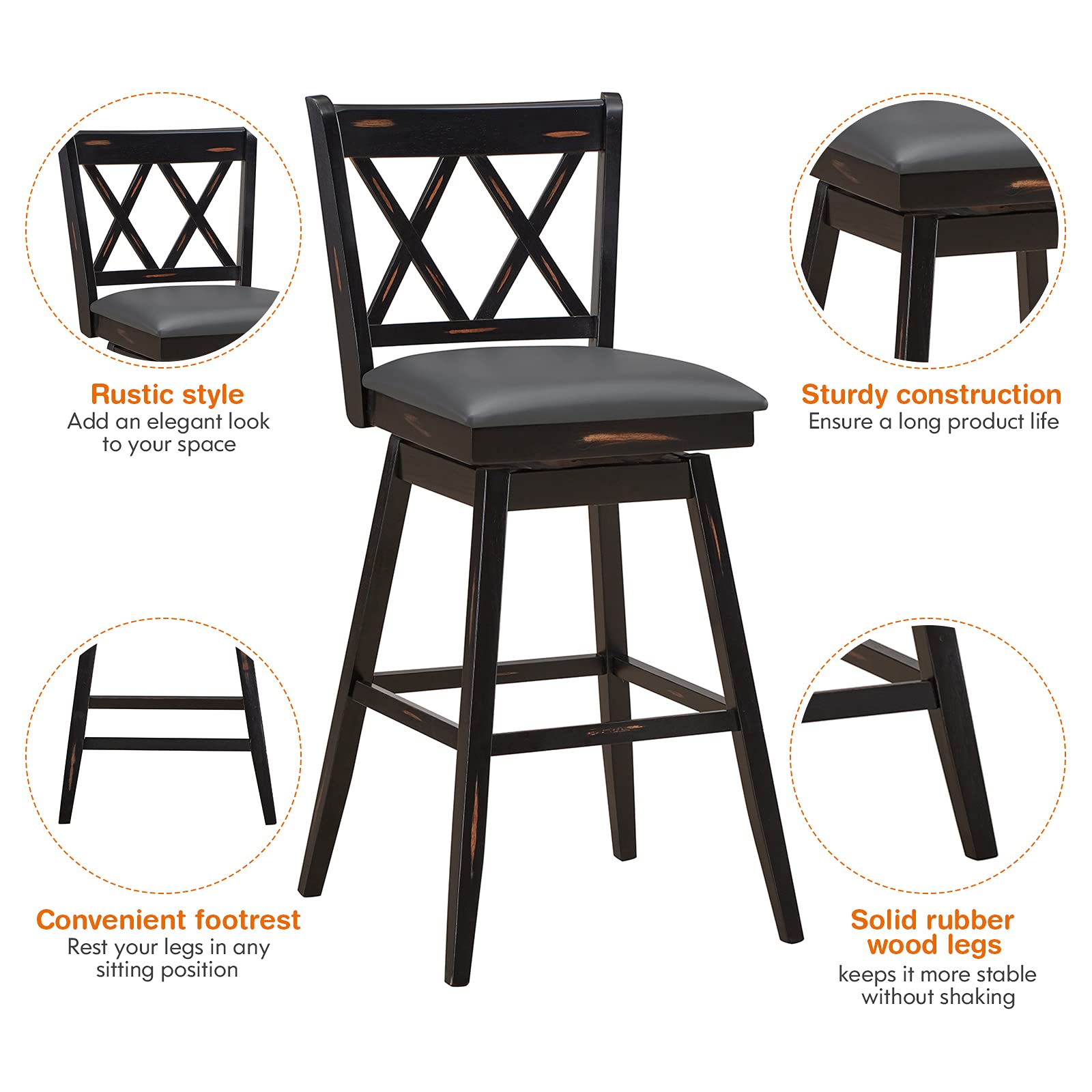 360 &deg; Swivel Bar Stool Set of 2/4 with Foot Rest Upholstered Cushion & Ergonomic Backrest