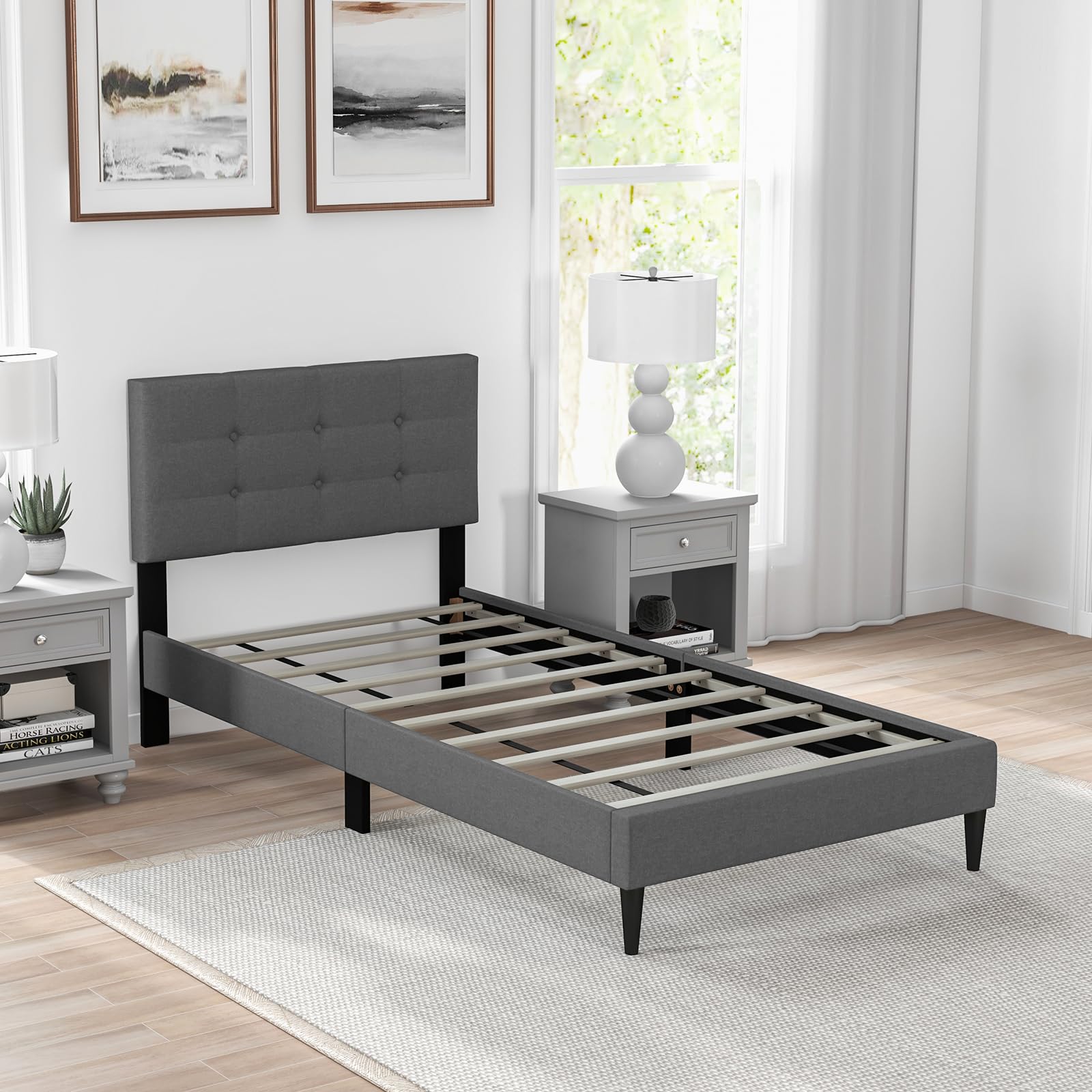 Twin/Queen Size Upholstered Platform Bed Frame with Button Tufted Linen Fabric Headboard