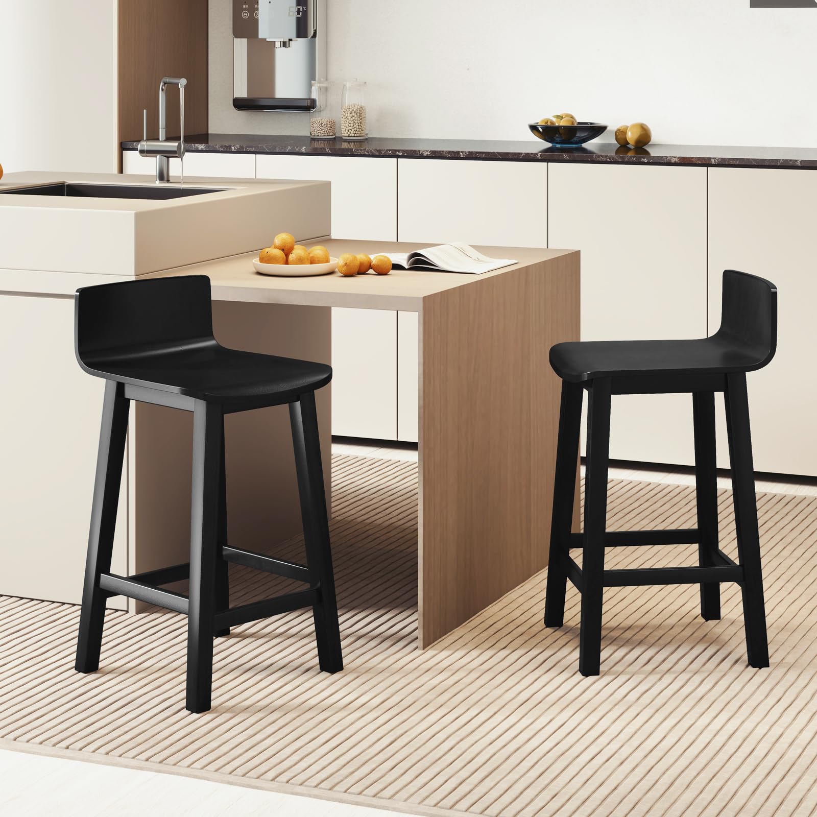 Solid Wood Bar Stools Set of 2/4, Counter Height Chairs with Low Back and Footrest