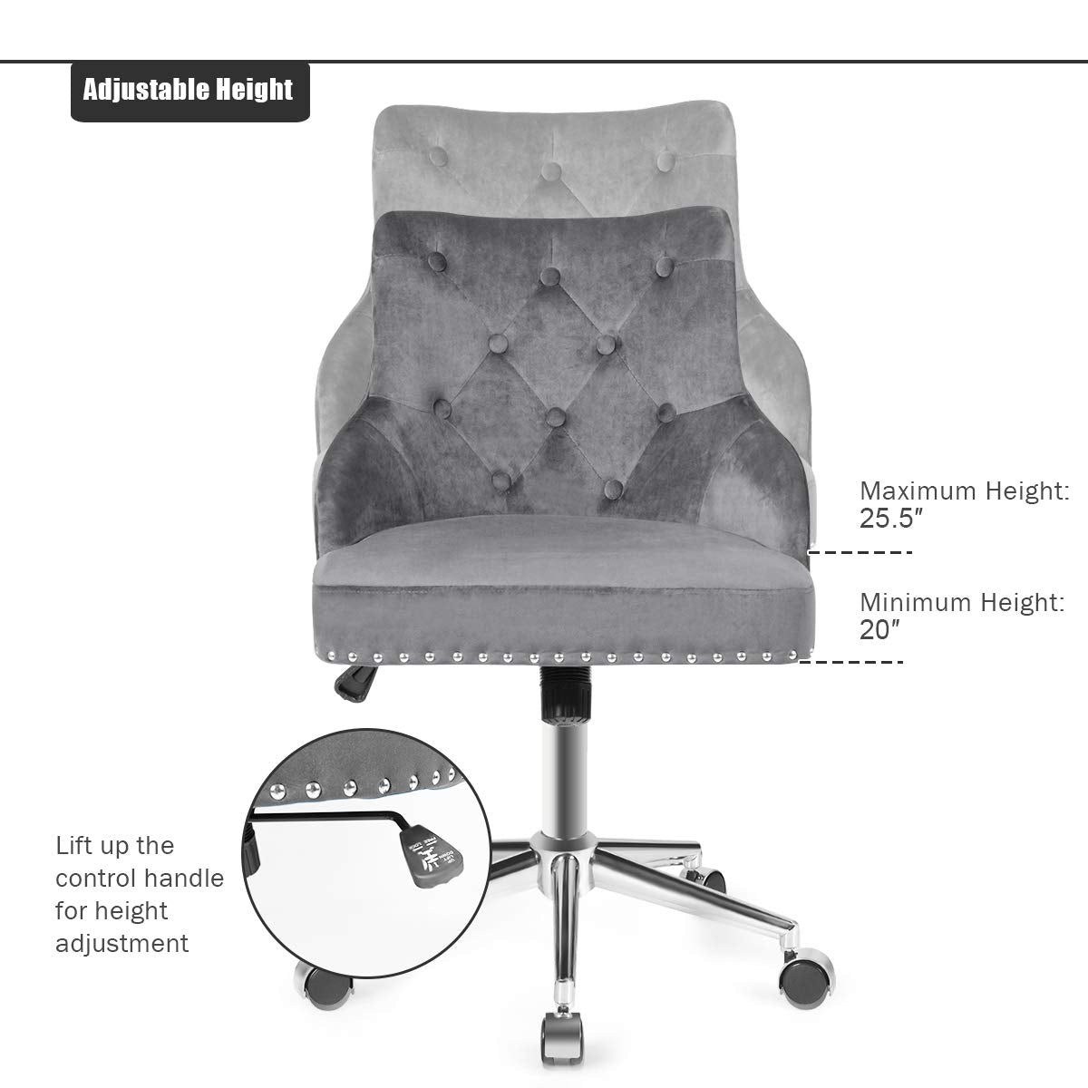 Modern Home Office Chair, Tufted Velvet Swivel Armchair with Nailhead Trim