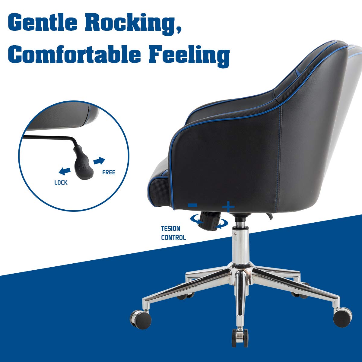PU Leather Gaming Chair, Adjustable Height Mid-Back Armchair w/Massage Lumbar Pillow