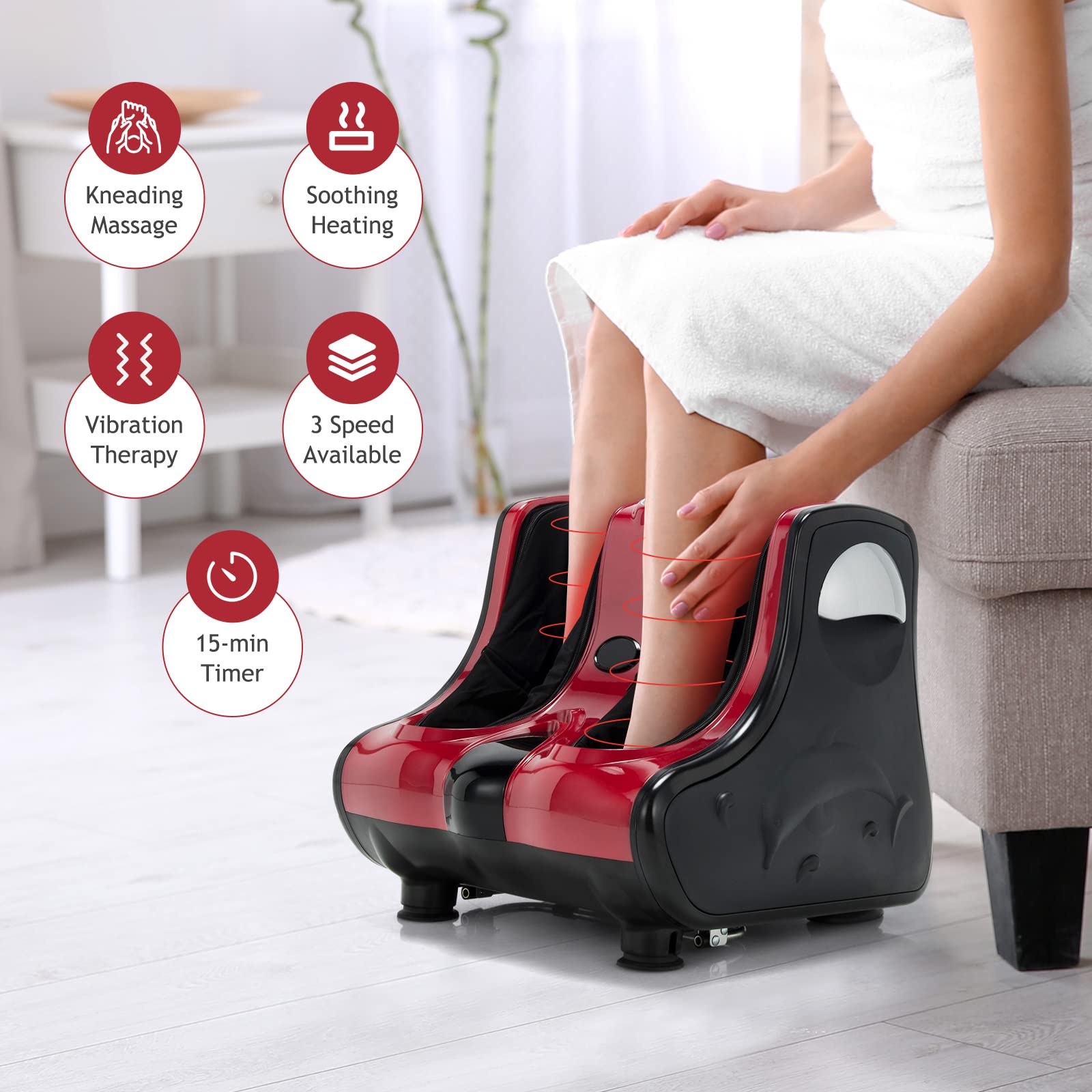 Foot and Calf Massager, Shiatsu Foot Massager Machine w/Heating, Kneading, Vibration, Rolling, Adjustable Speed & Tilt Base