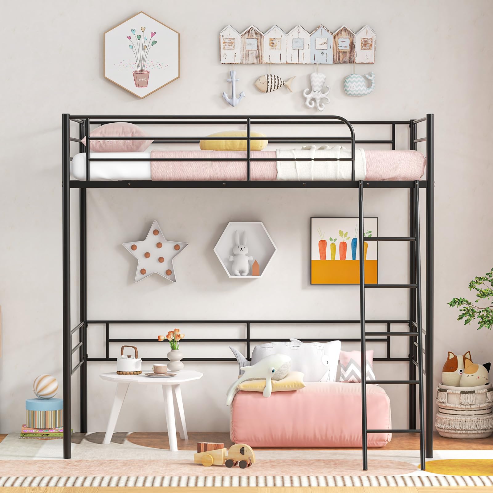 Twin Size Loft Bed, Metal Loft Bed Frame with Ladder & Safety Guardrail