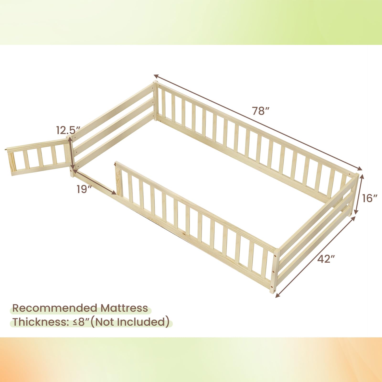 Twin Floor Bed with Door & Fence, Kids Wood Montessori Bed with Safety Guardrails